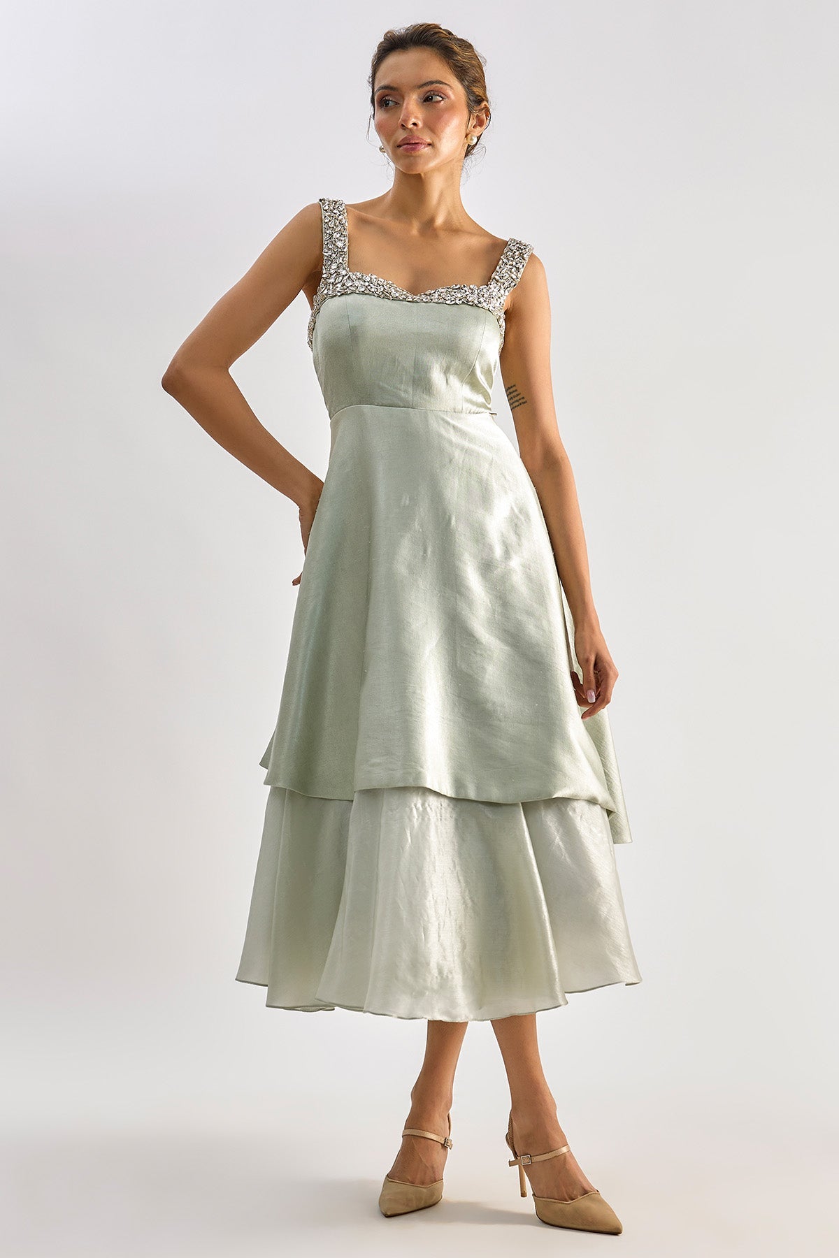 Buy Sage Green Layered Midi Dress for women by Emblaze online available at scrollnshops