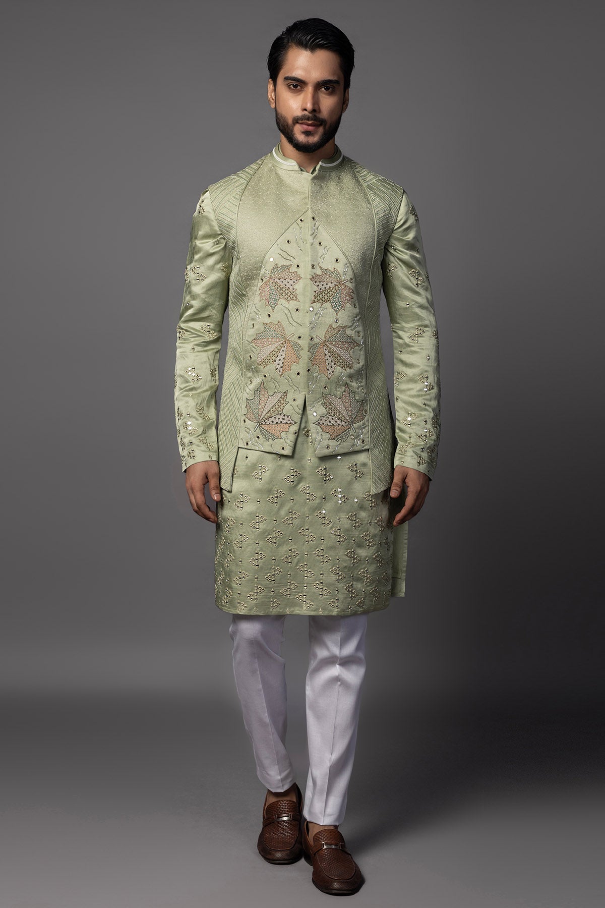Buy Sage Green Maple Leaf Kurta Set for men by Paarsh Atelier online available at scrollnshops