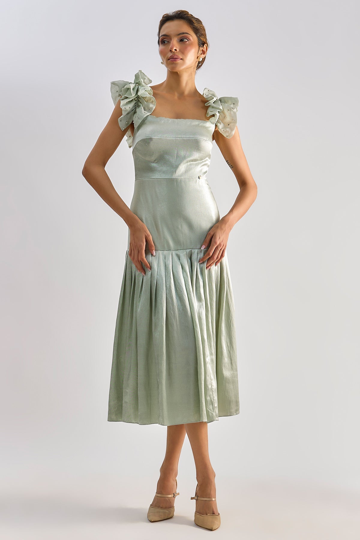 Buy Sage Green Mashroo Bow Dress for women by Emblaze online available at scrollnshops