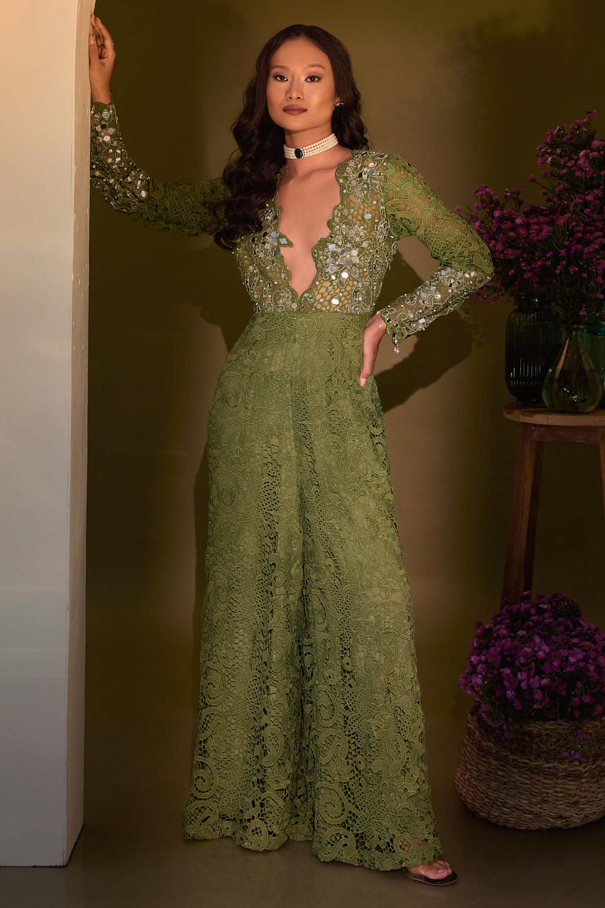 Aishwarya Tyagi Sage Green Mirror Work Jumpsuit for women online at ScrollnShops