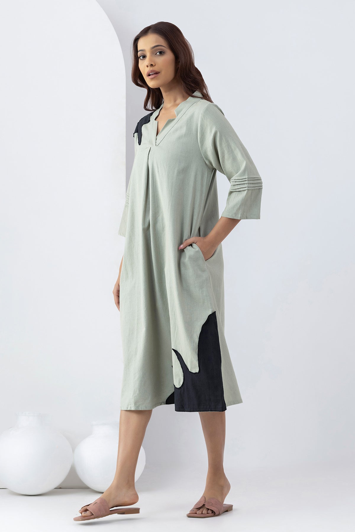 Sage Green Patchwork Midi Dress
