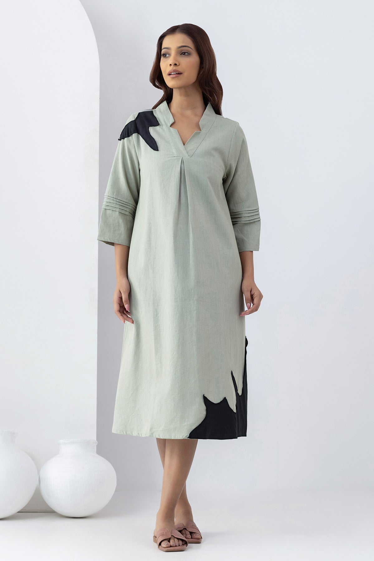 Sage Green Patchwork Midi Dress