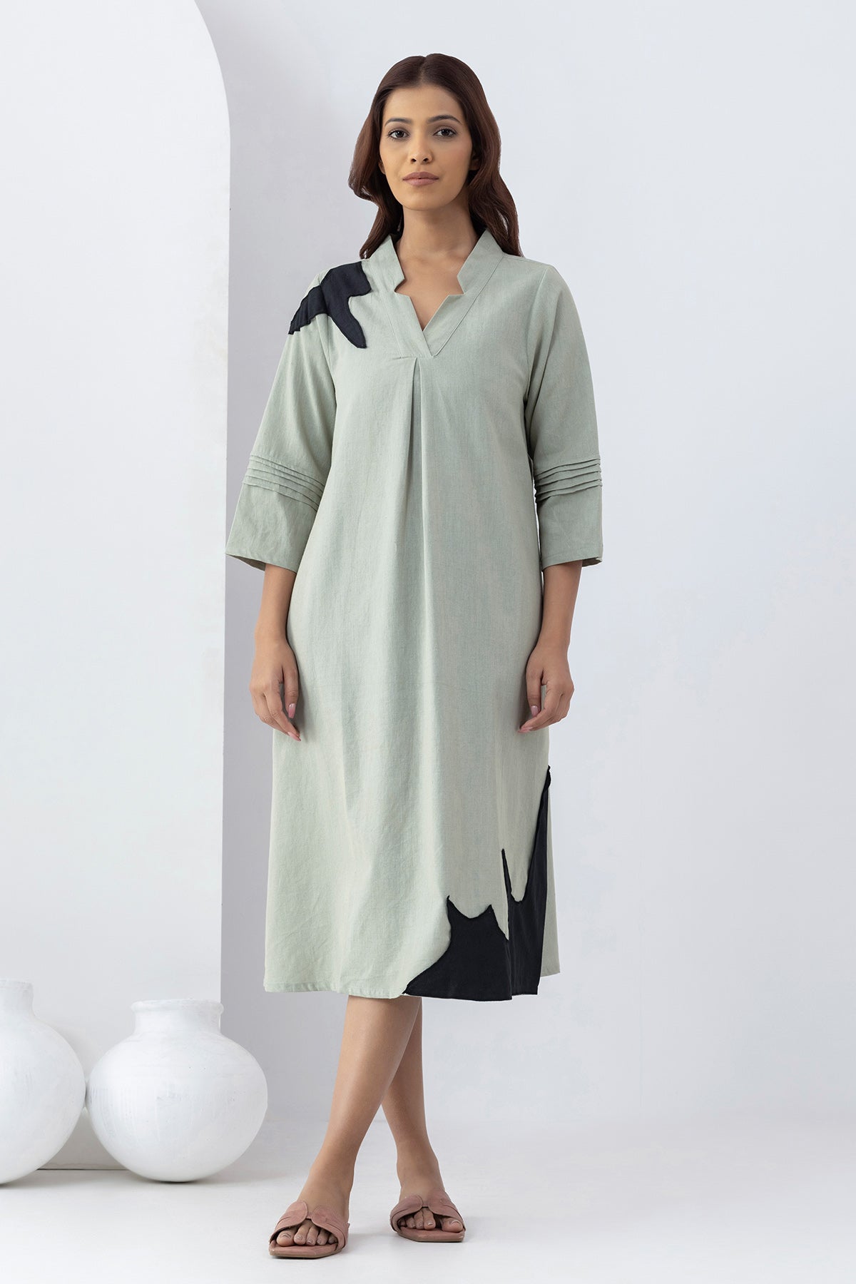 Buy Sage Green Patchwork Midi Dress by Markkah Studio for Women online at ScrollnShops