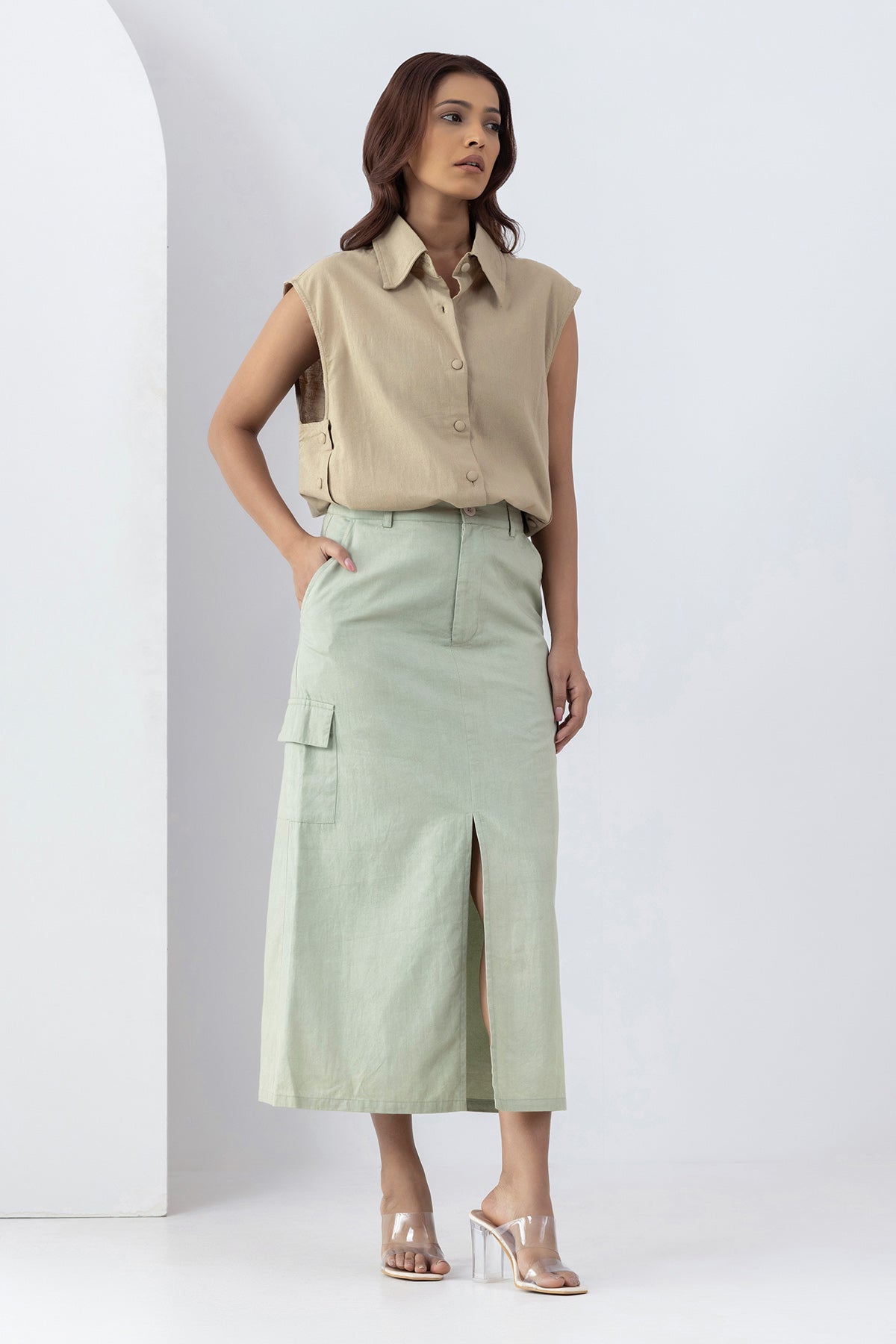 Buy Sage Green Pockets Midi Skirt by Markkah Studio for Women online at ScrollnShops