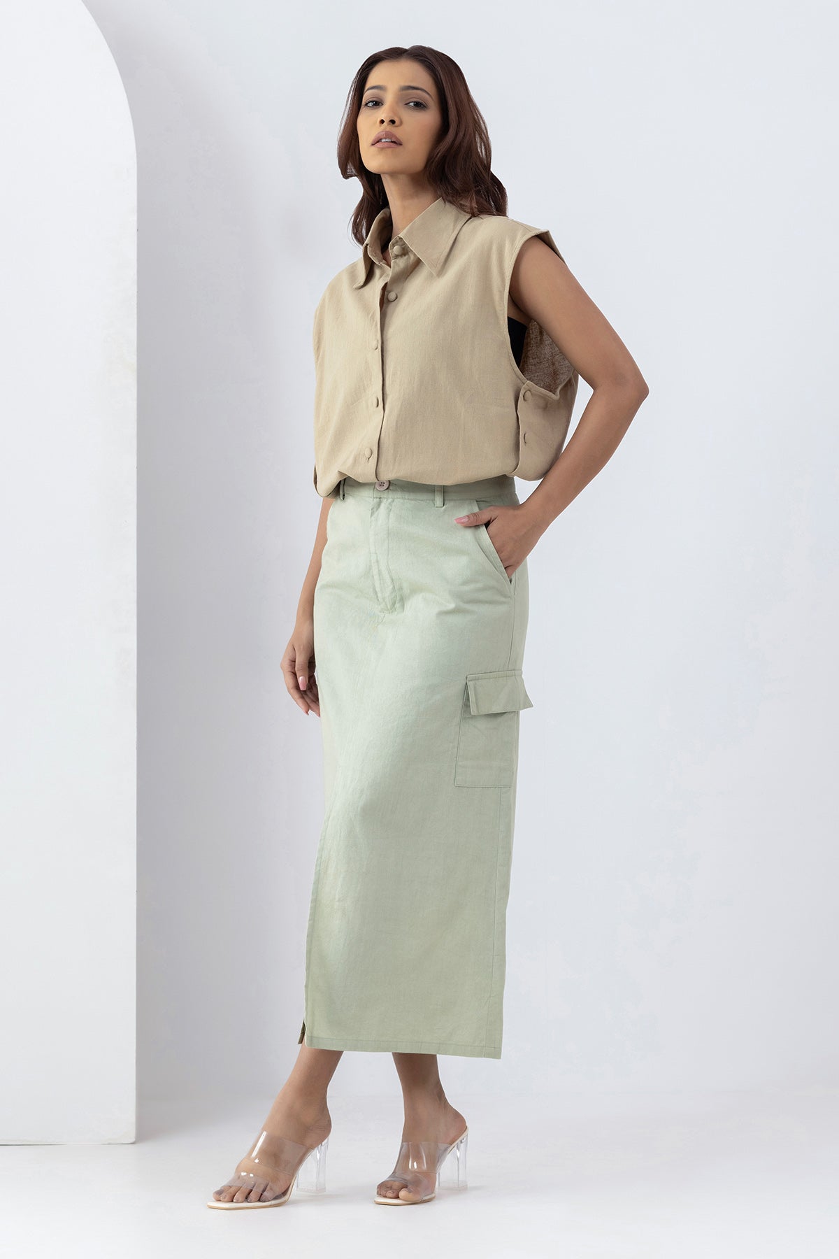 Sage Green Pockets Midi Skirt