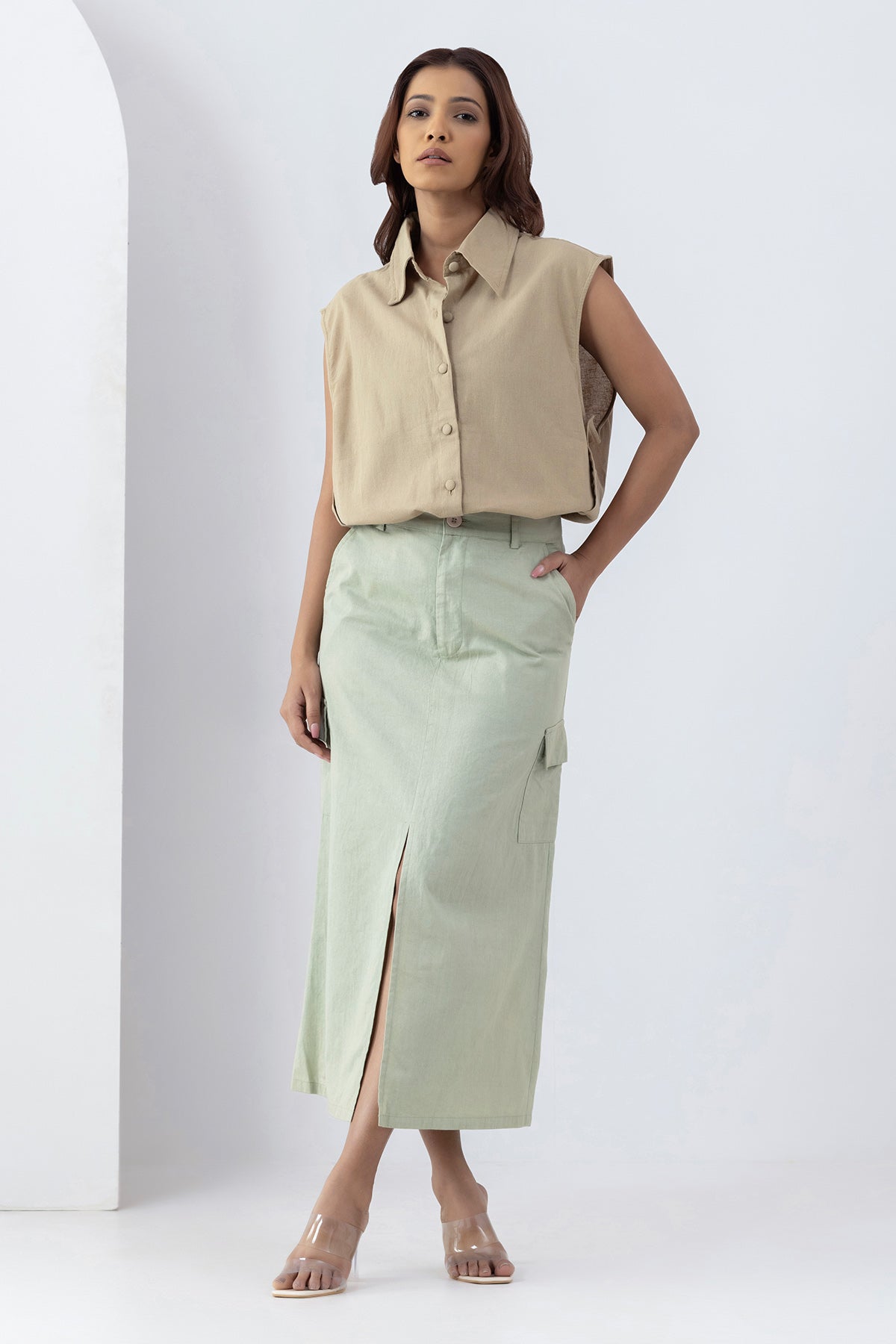 Sage Green Pockets Midi Skirt