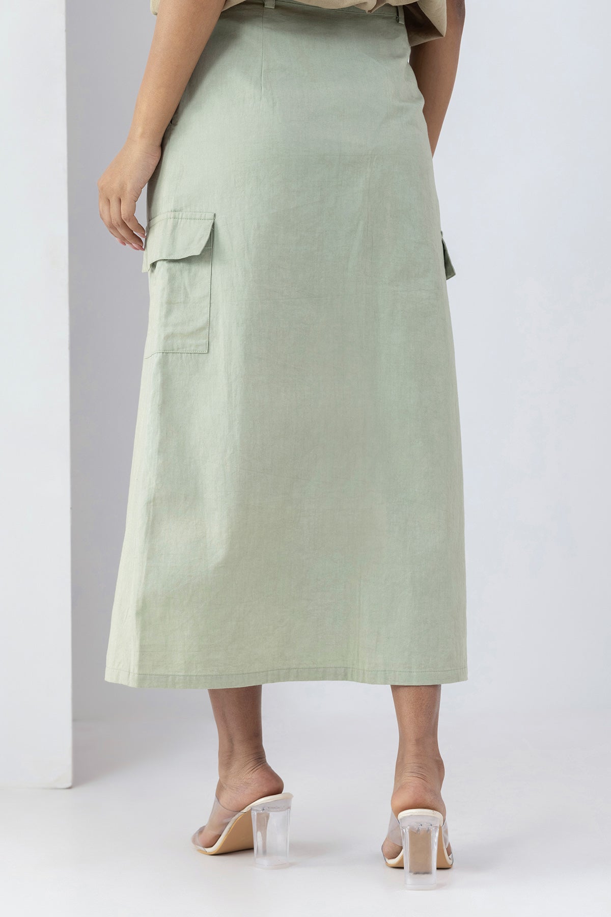 Sage Green Pockets Midi Skirt