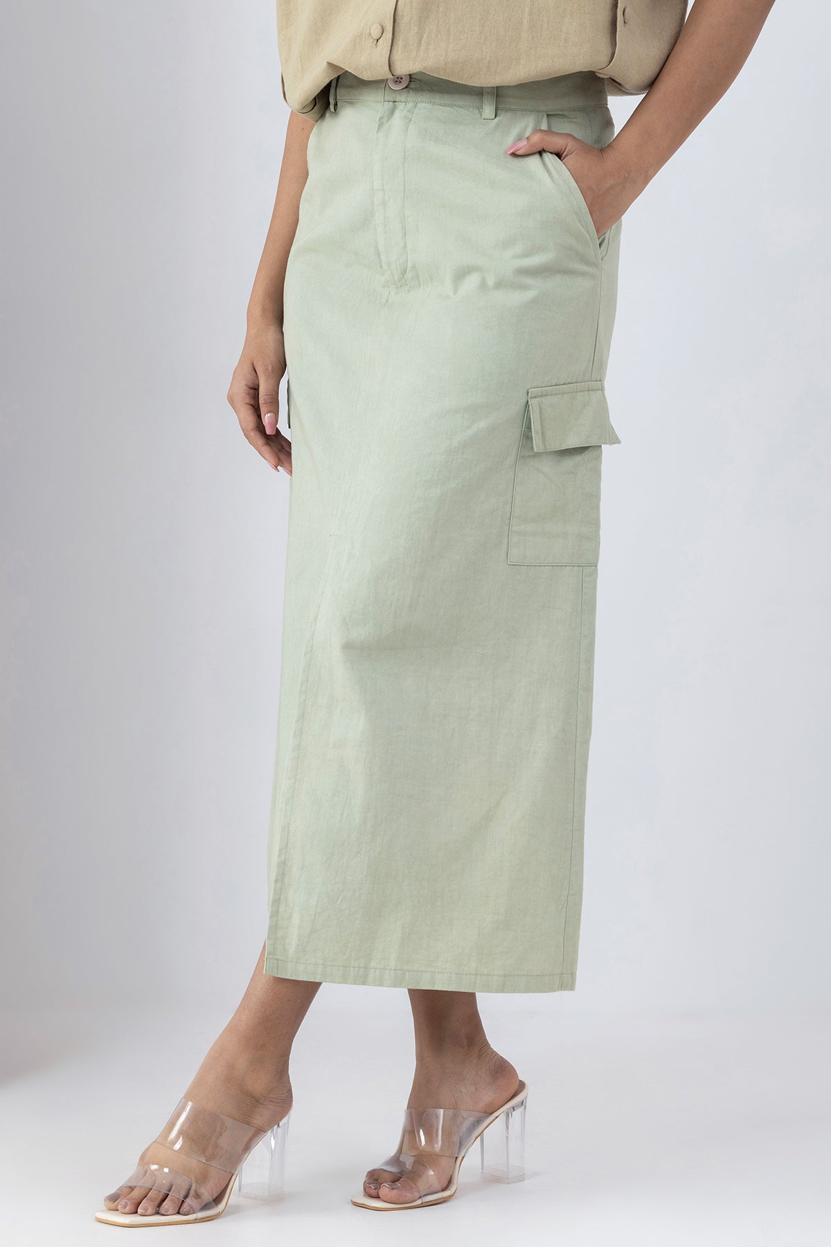 Sage Green Pockets Midi Skirt