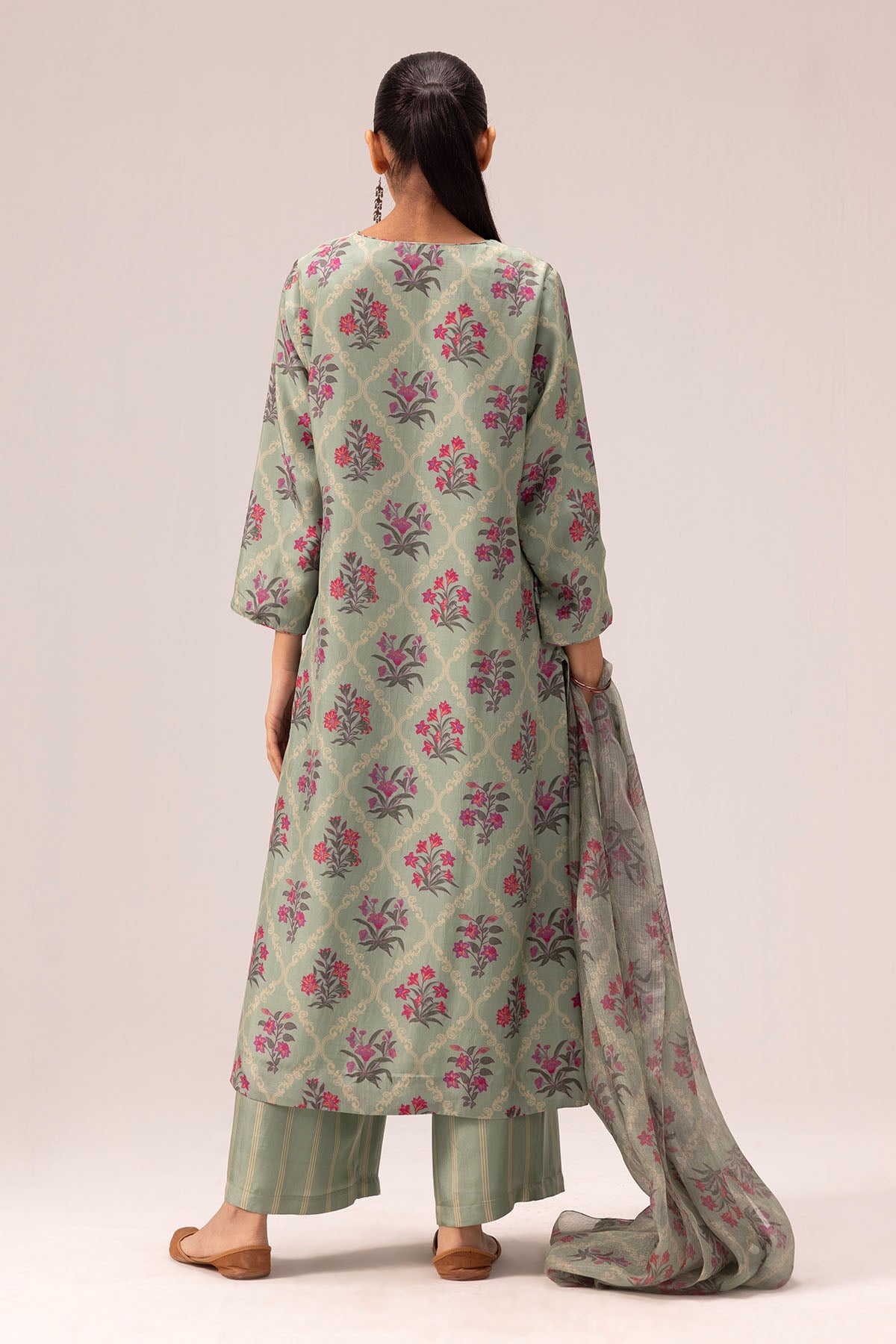 Sage Green Silk Print Kurta Set