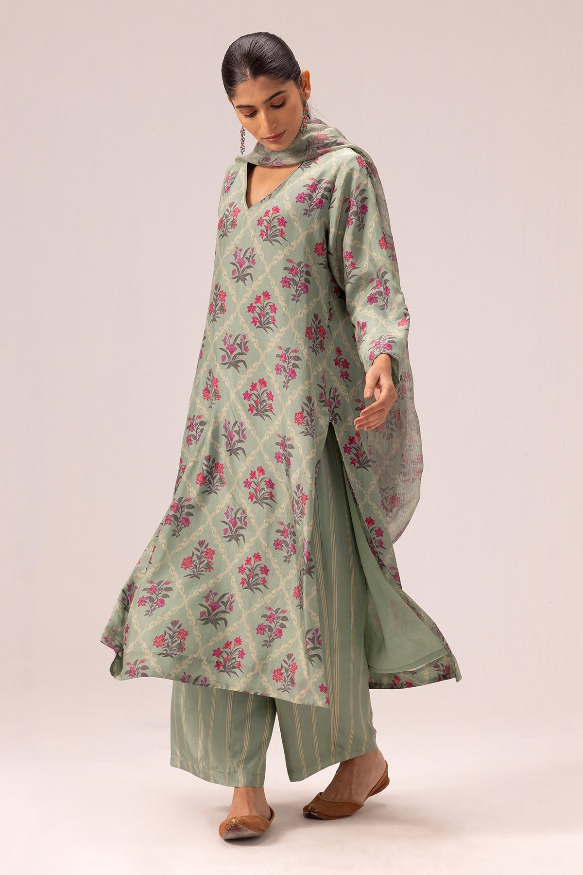 Buy Sage Green Silk Print Kurta Set By Label Shreya Sharma For Women Online at ScrollnShops