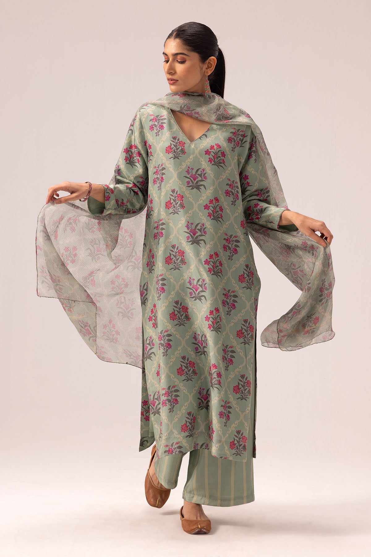 Sage Green Silk Print Kurta Set