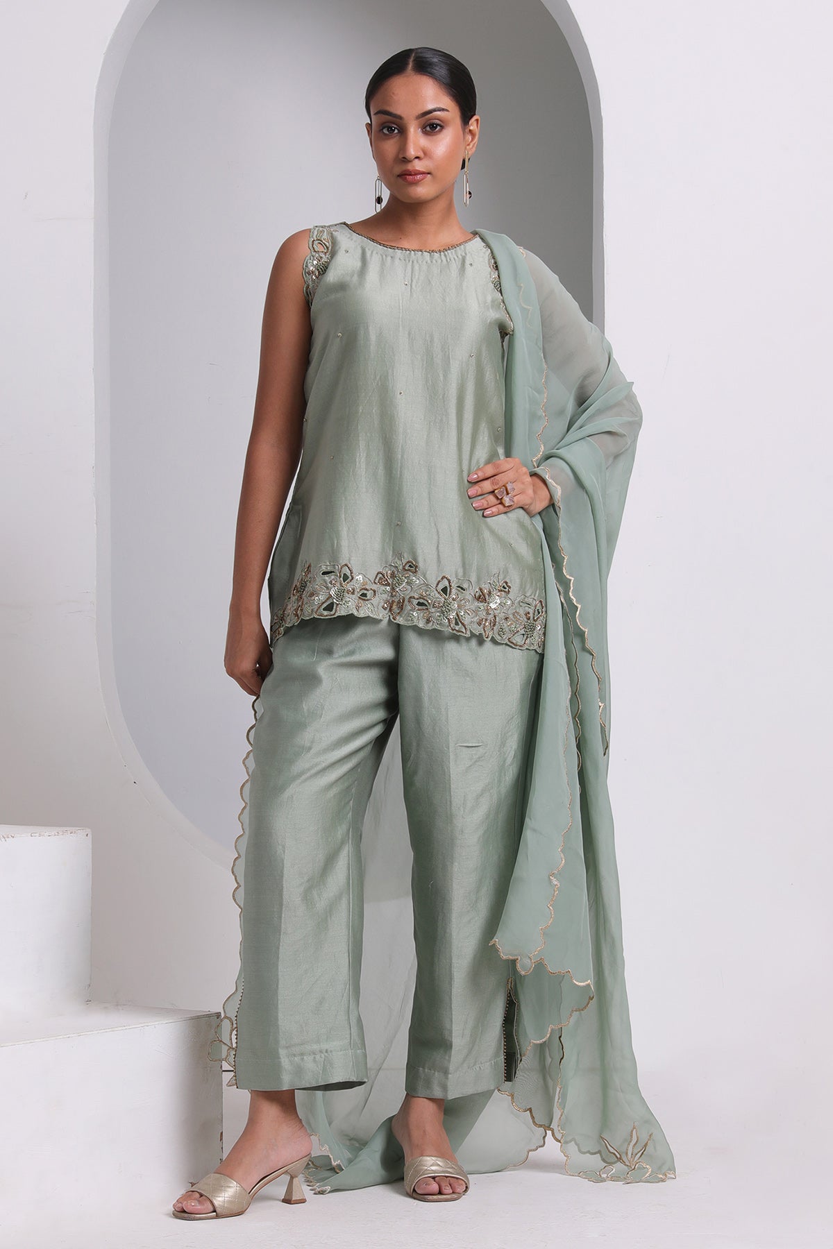 Buy Sage Green Sleeveless Kurta Set by Seher Studio for women online at ScrollnShops