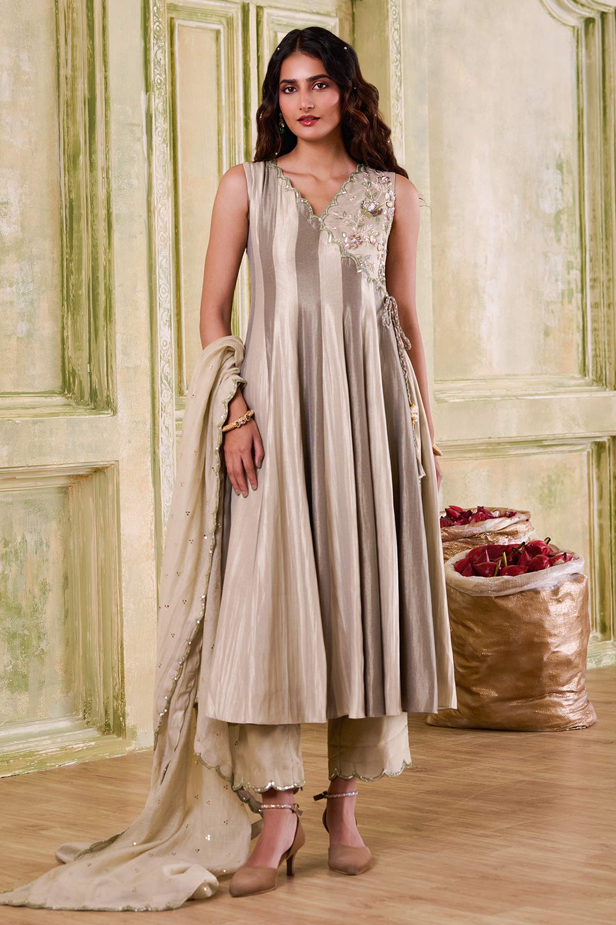 Buy Sage Green Tassel Anarkali Set for women by Mudita by Urmila online available at scrollnshops