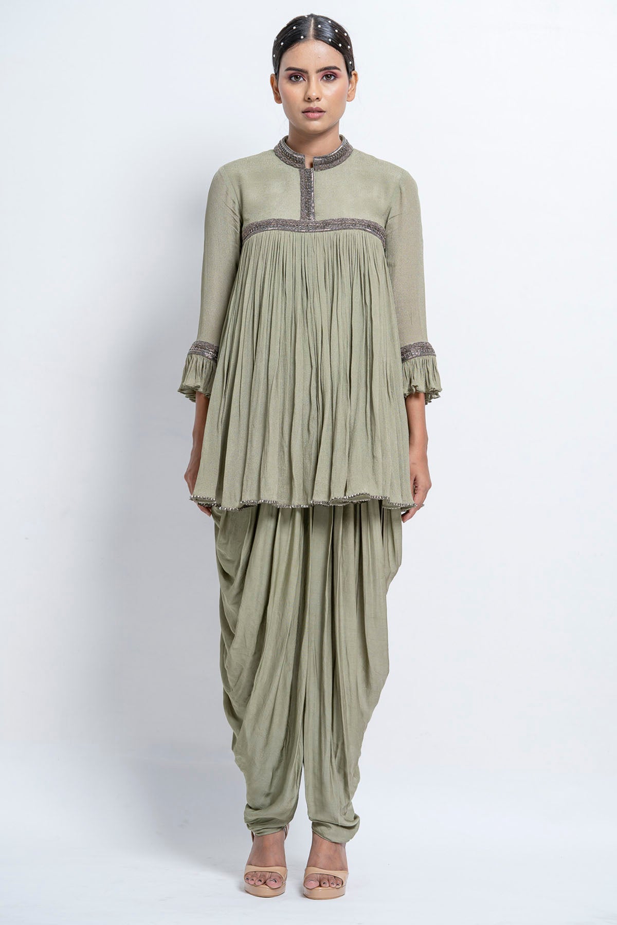 Sage Green Top & Dhoti Set at ScrollnShops