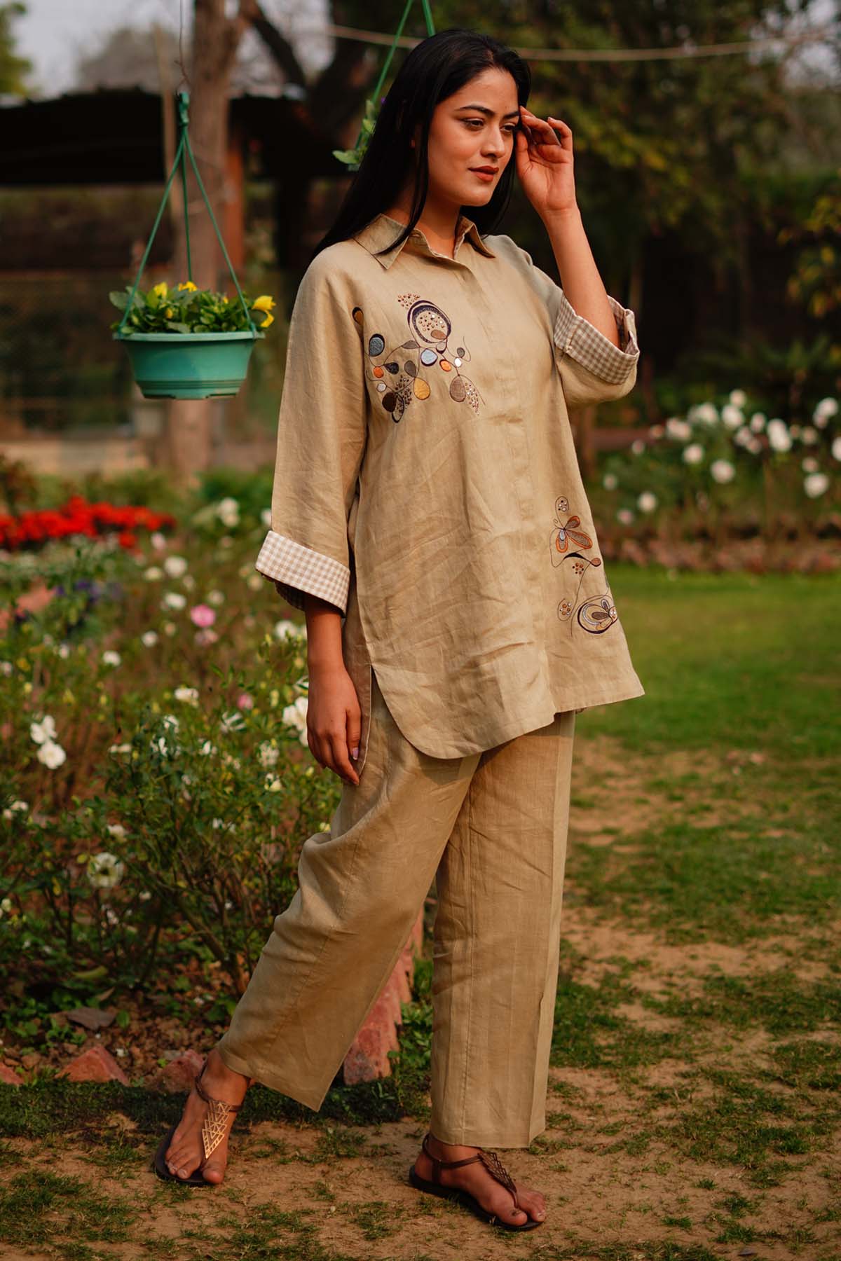 Buy Designer Sage Linen Embroidered Shirt Online