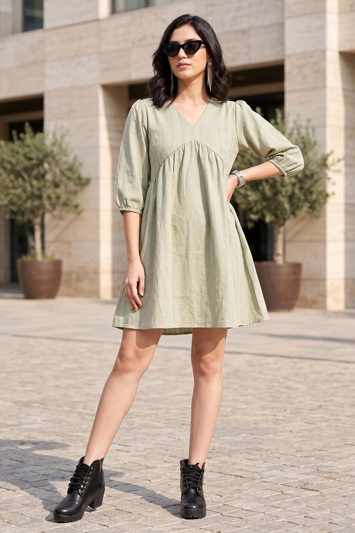 Sage Weave Textured Mini Dress