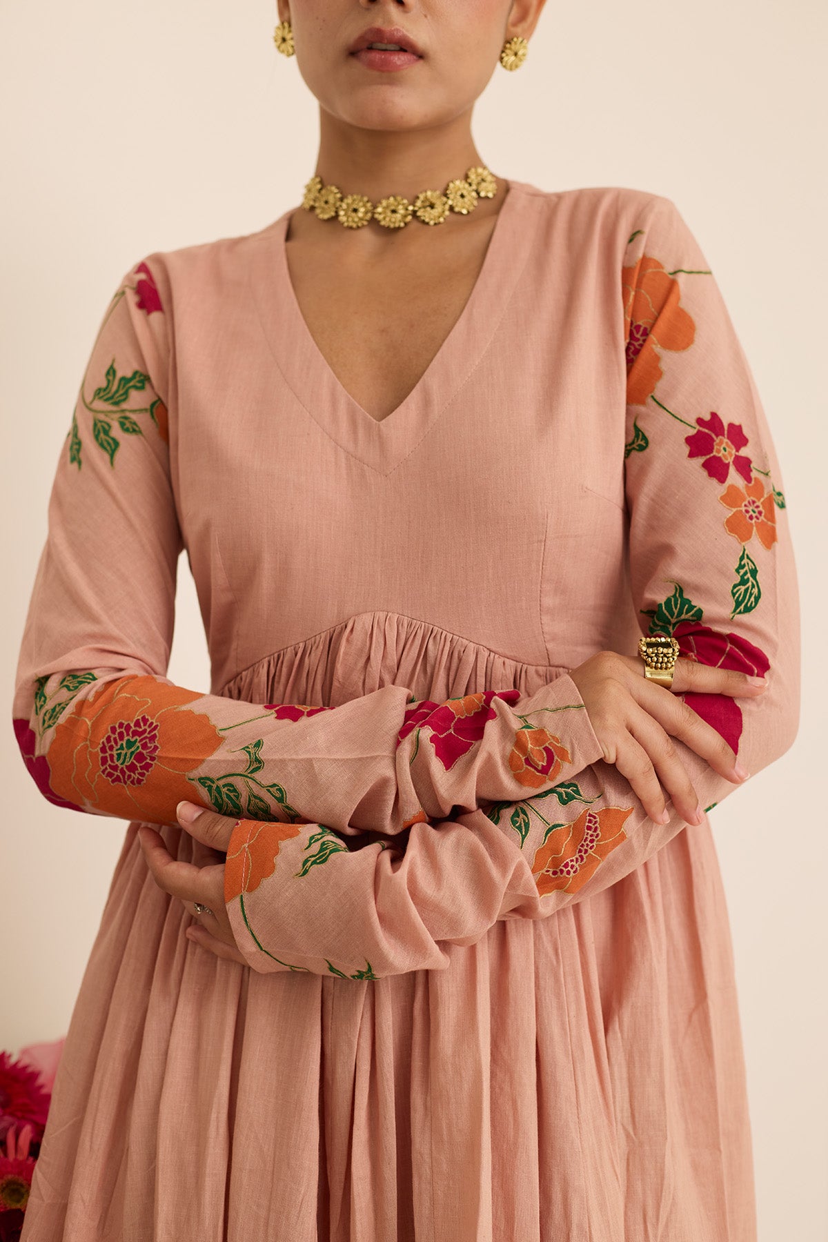 Salmon Cotton Gota Anarkali Set