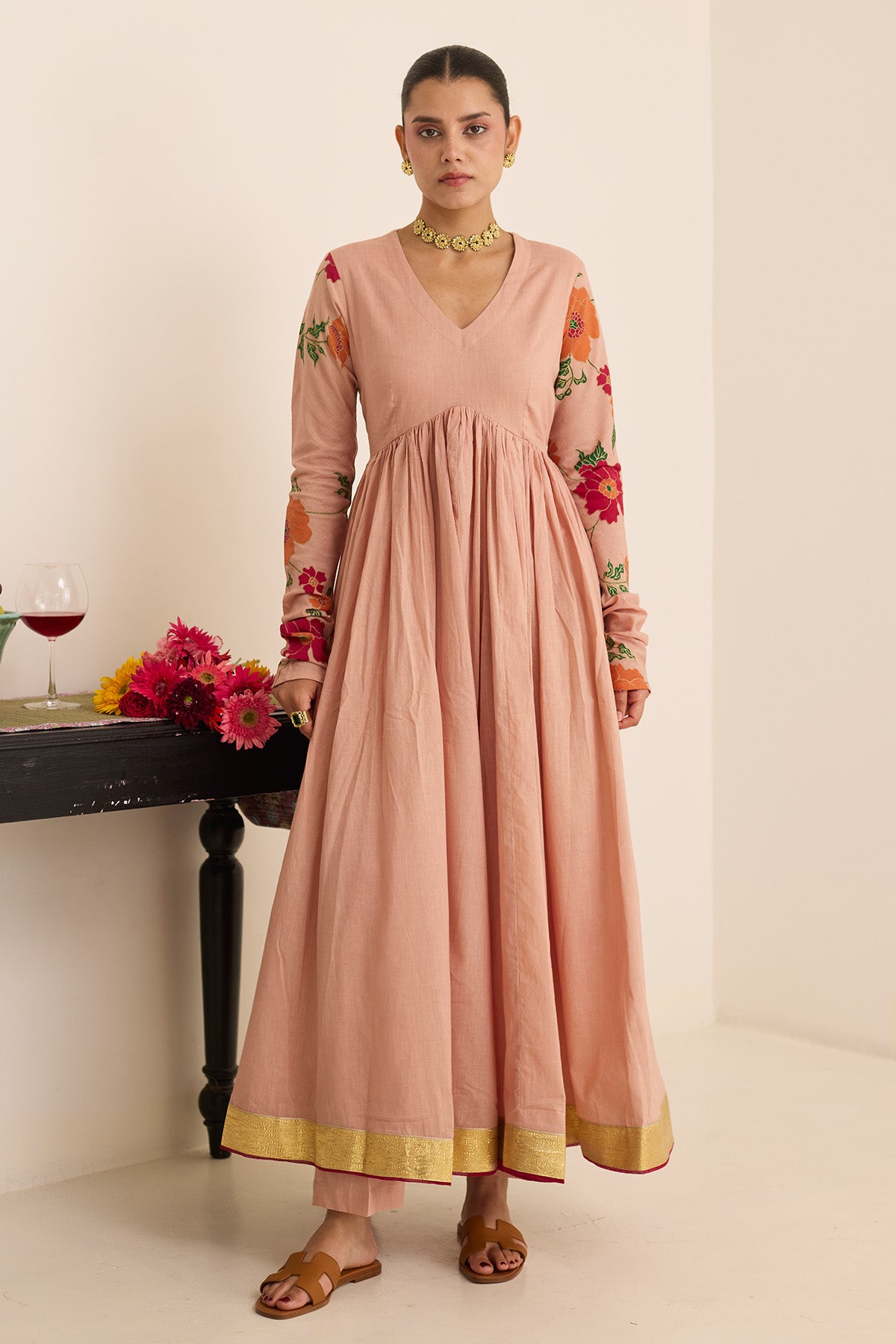 Salmon Cotton Gota Anarkali Set