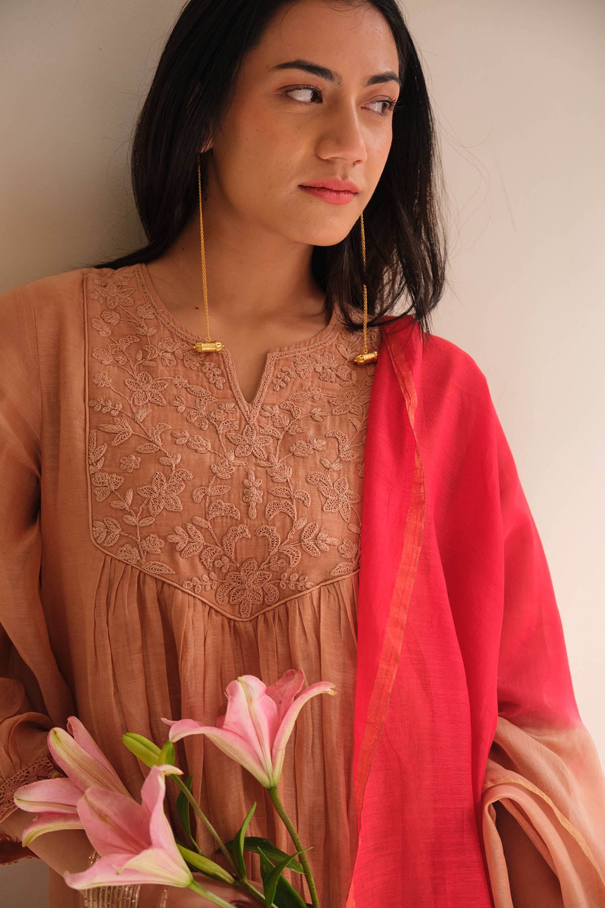 Salmon Embellished Kurta Set