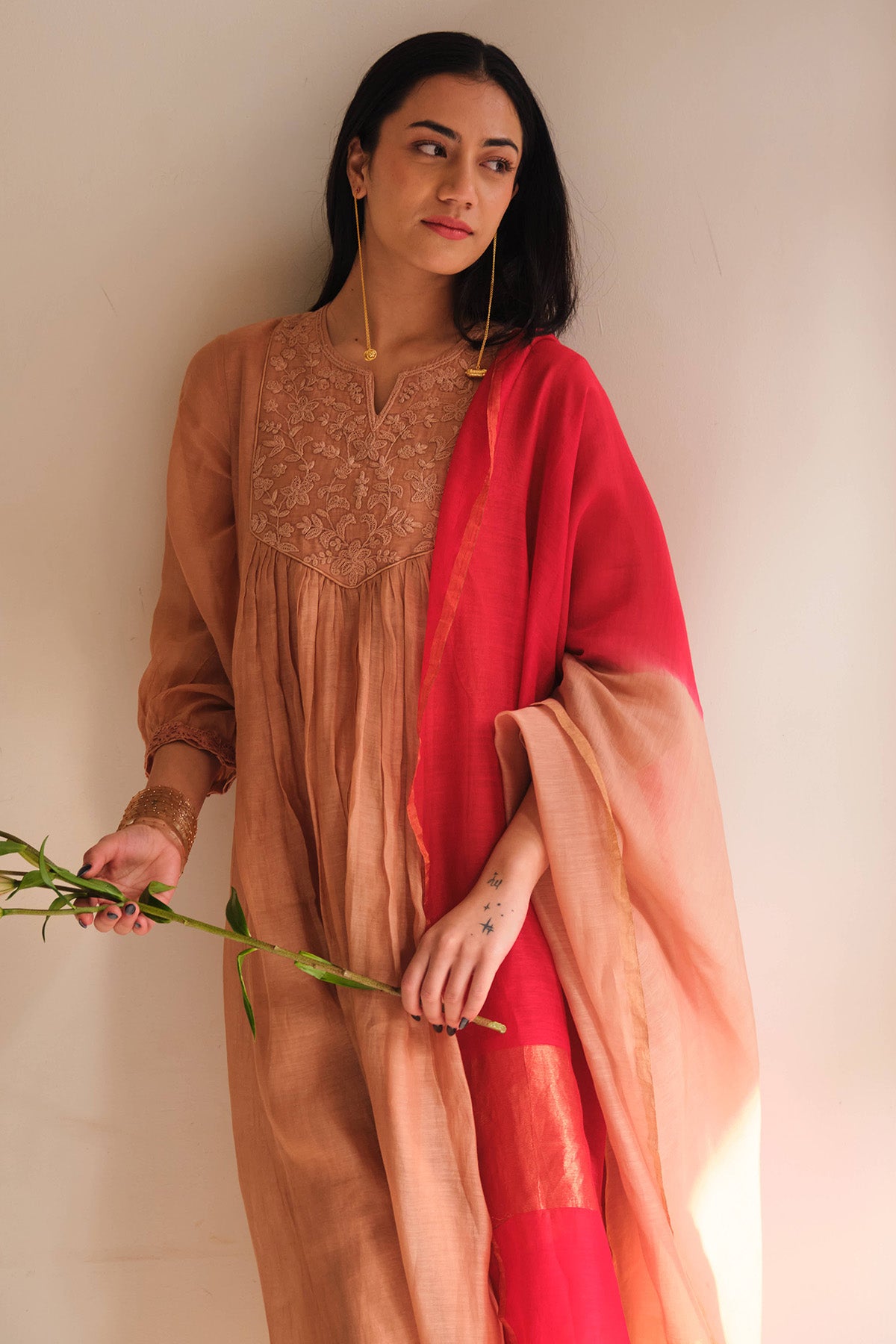 Salmon Embellished Kurta Set