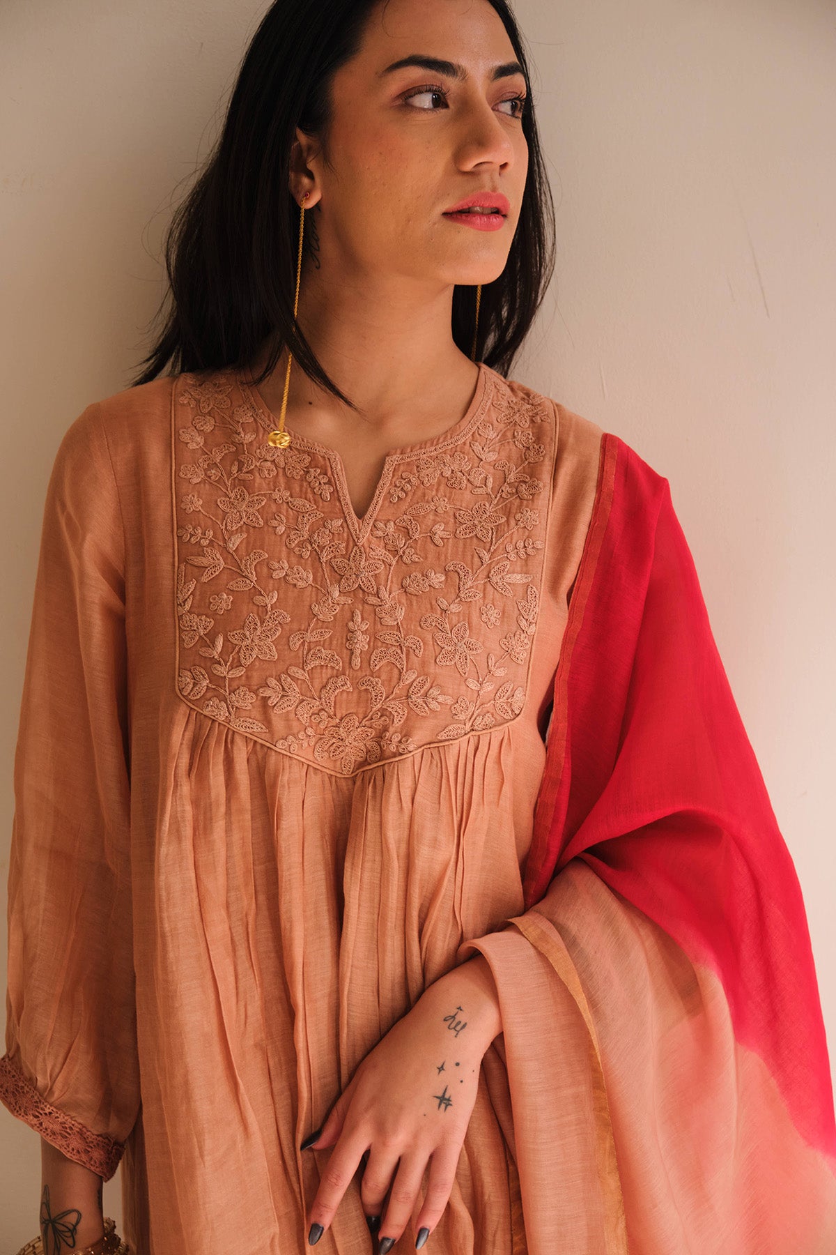 Salmon Embellished Kurta Set