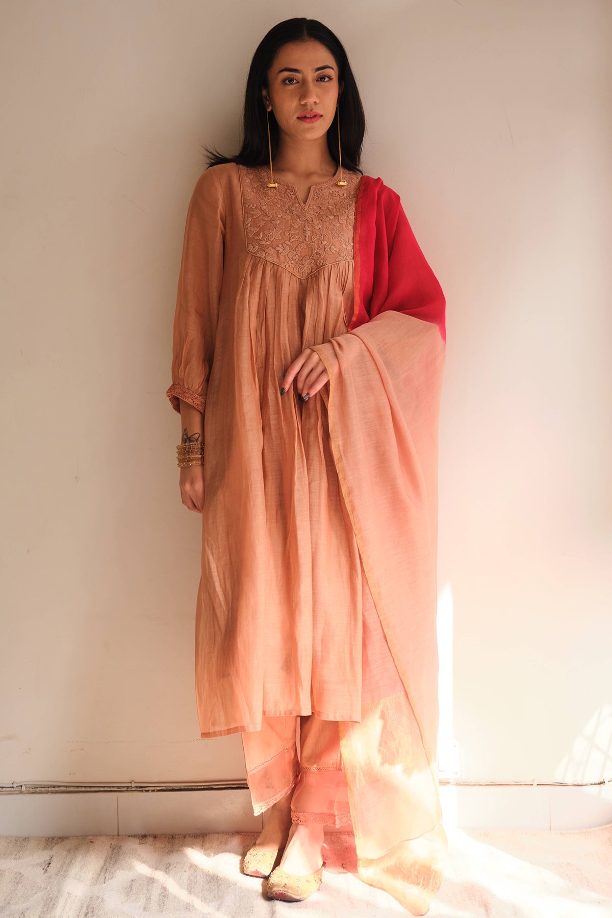 Buy Salmon Embellished Kurta Set for women by Juanita by Shubda online available at scrollnshops