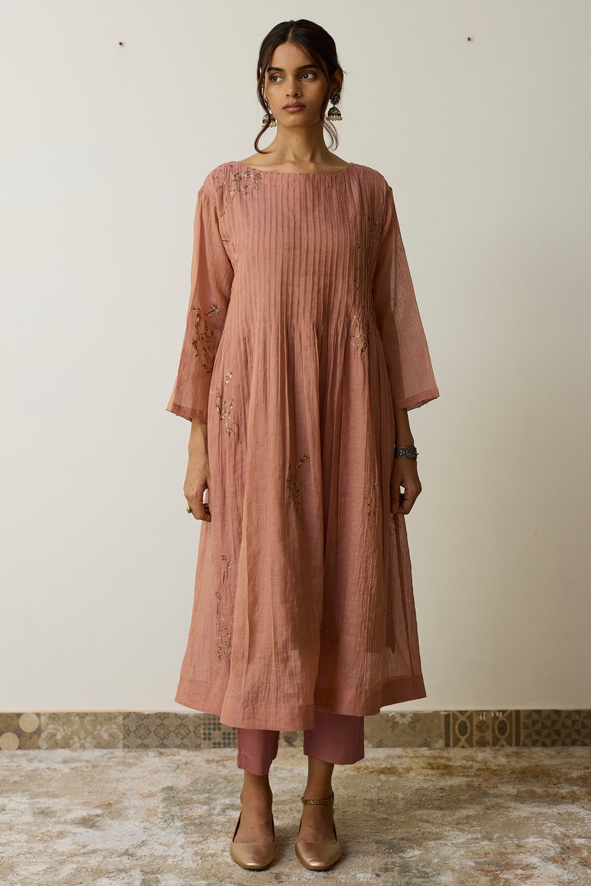 Buy Salmon Pink Cotton Kurta Set for women by Rhua India online available at scrollnshops