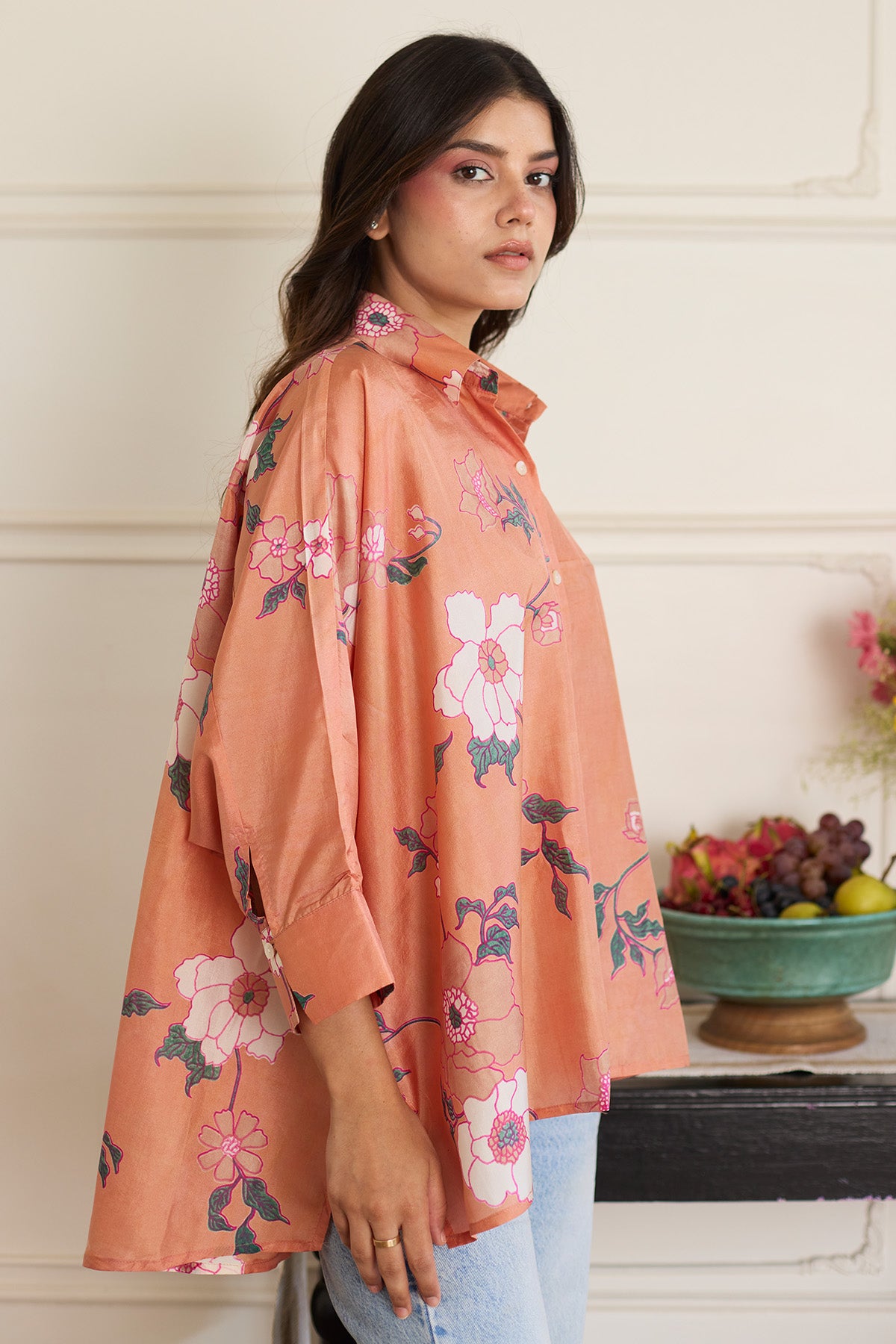 Salmon Printed Oversized Shirt
