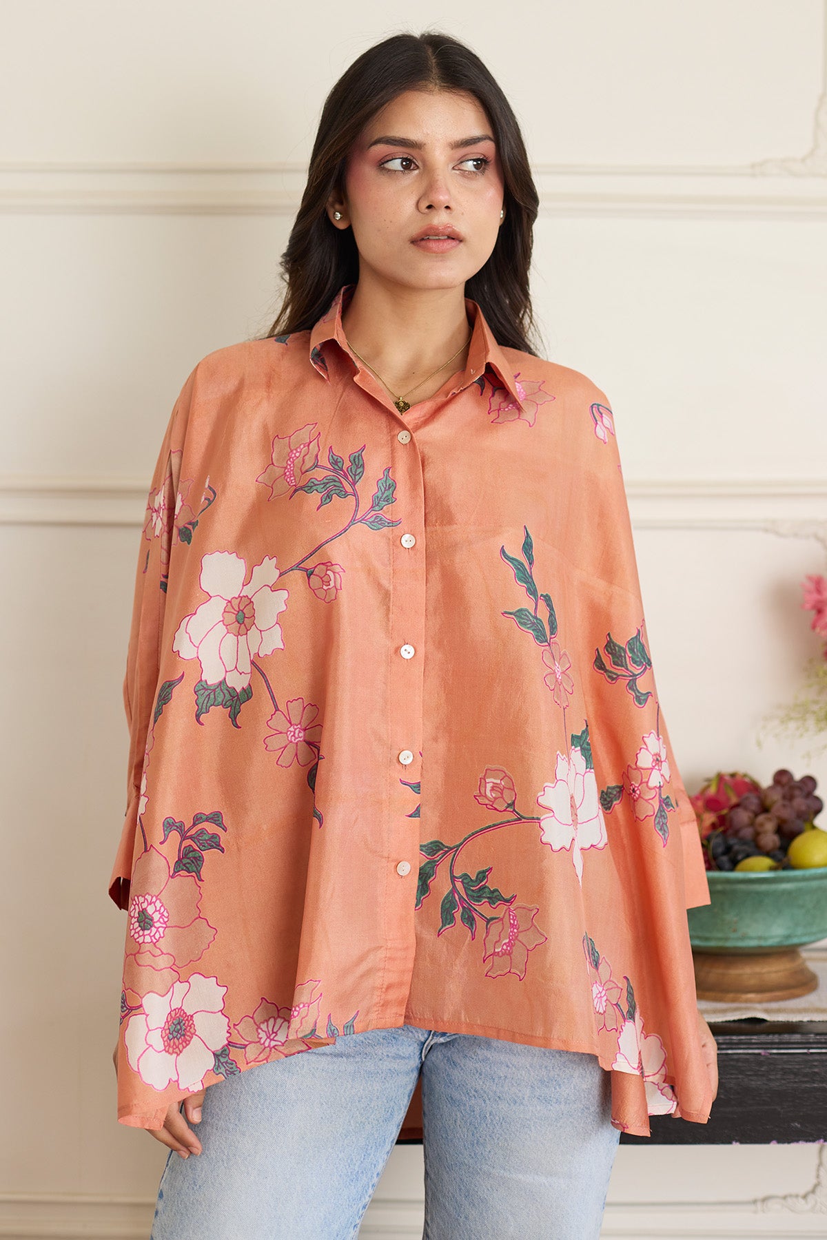 Salmon Printed Oversized Shirt