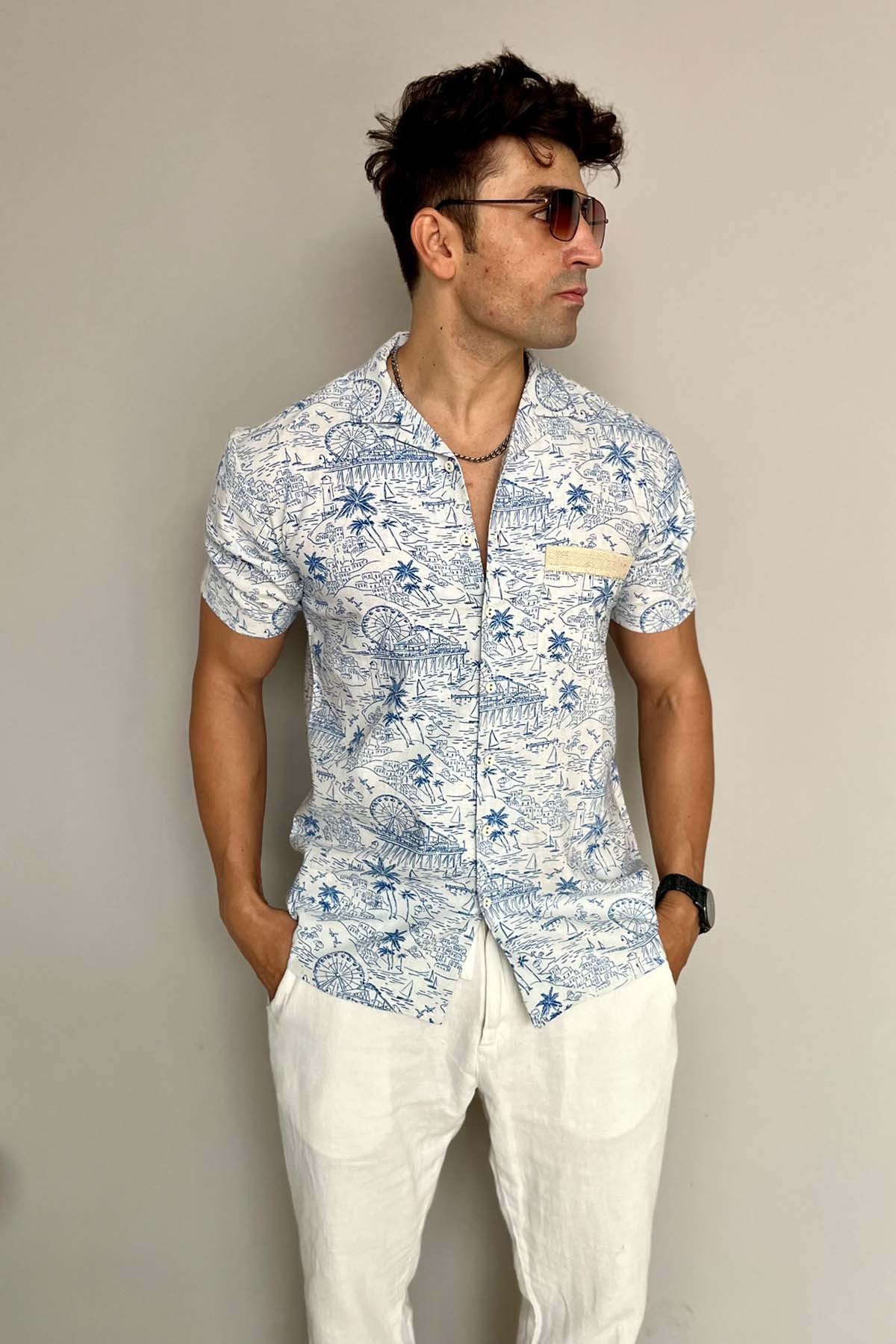 Santorini Print Linen Shirt