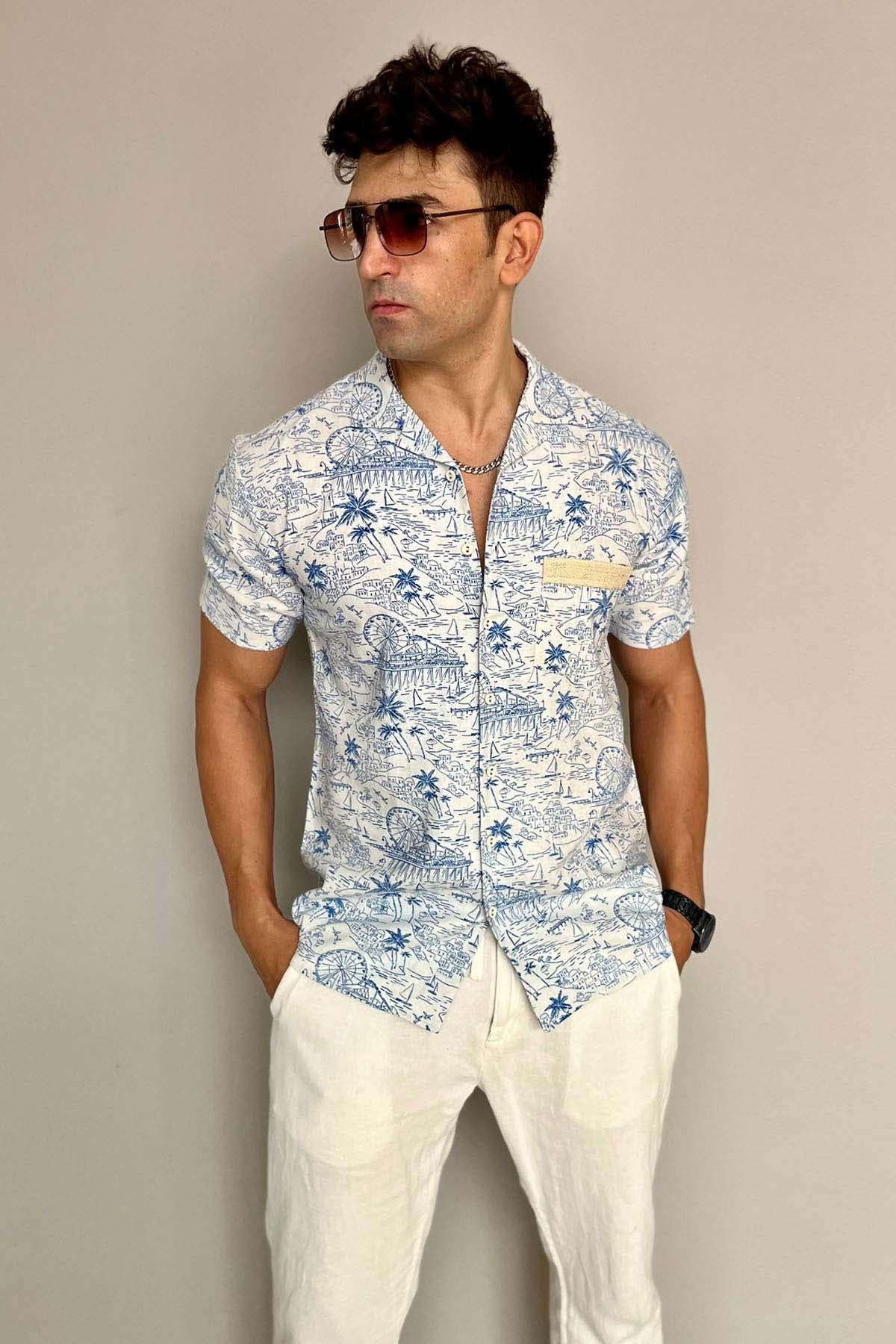 Santorini Print Linen Shirt