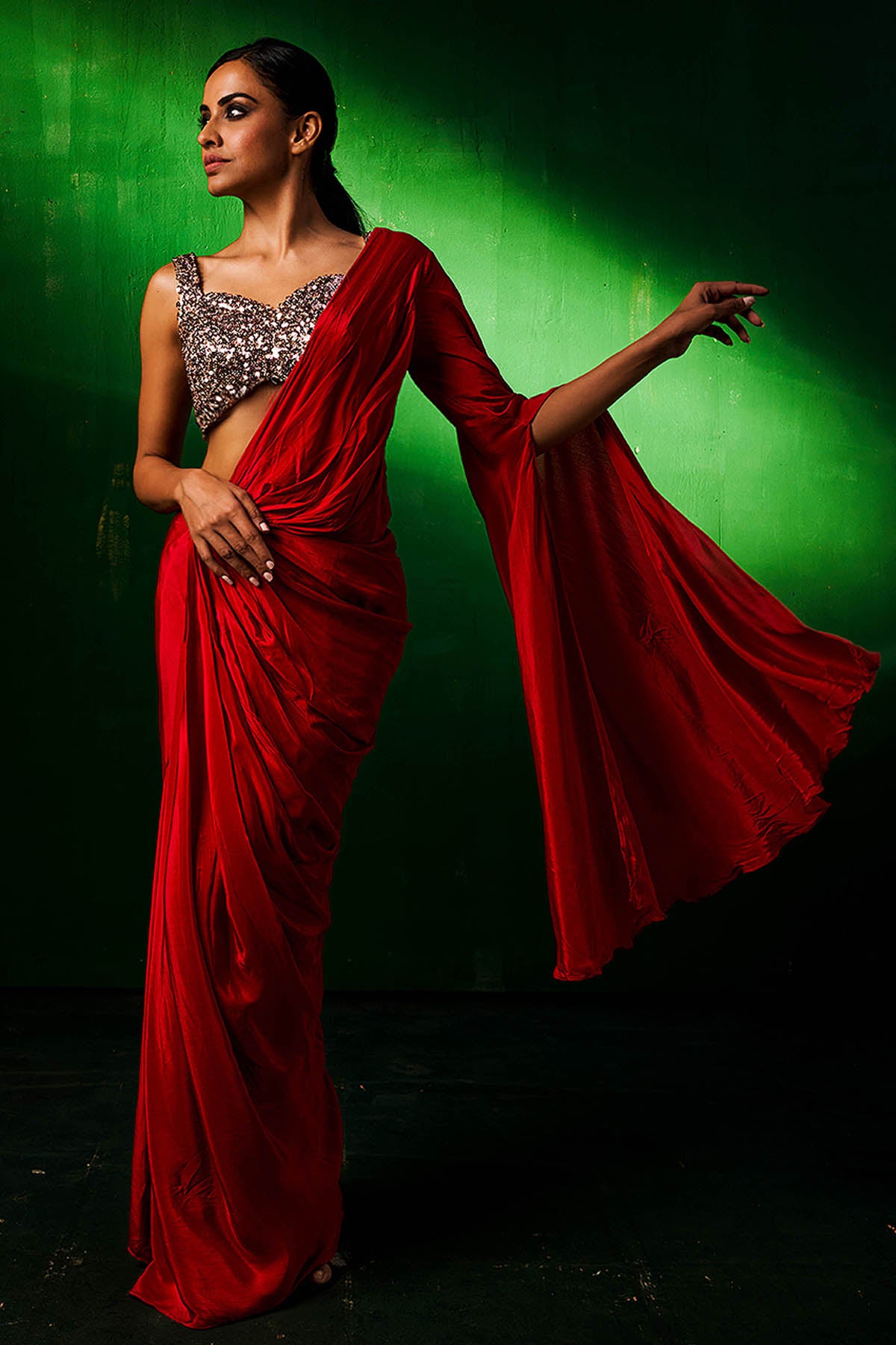 Scarlet Red Wrap Saree & Blouse