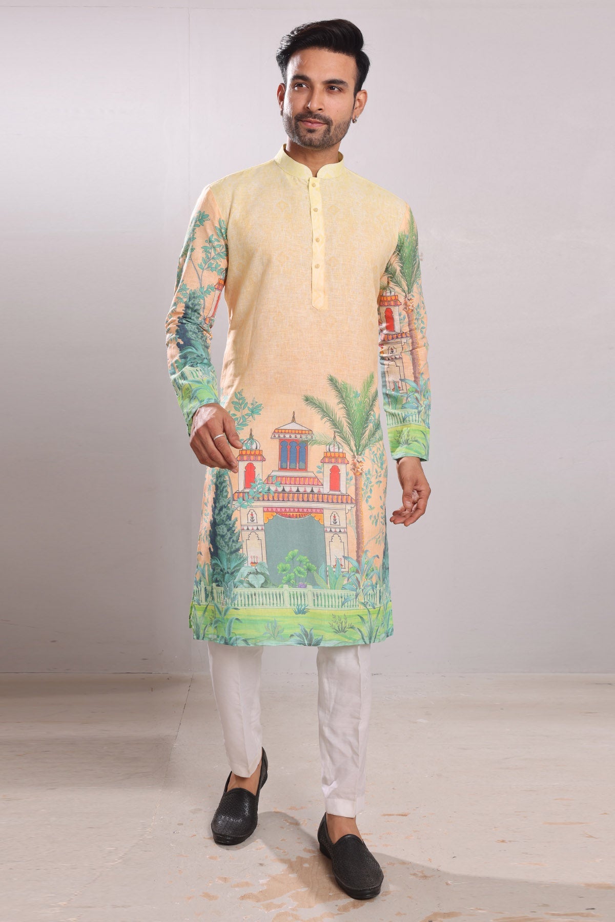 Buy Scenery Print Linen Blend Kurta by SNEHA B for men online at ScrollnShops