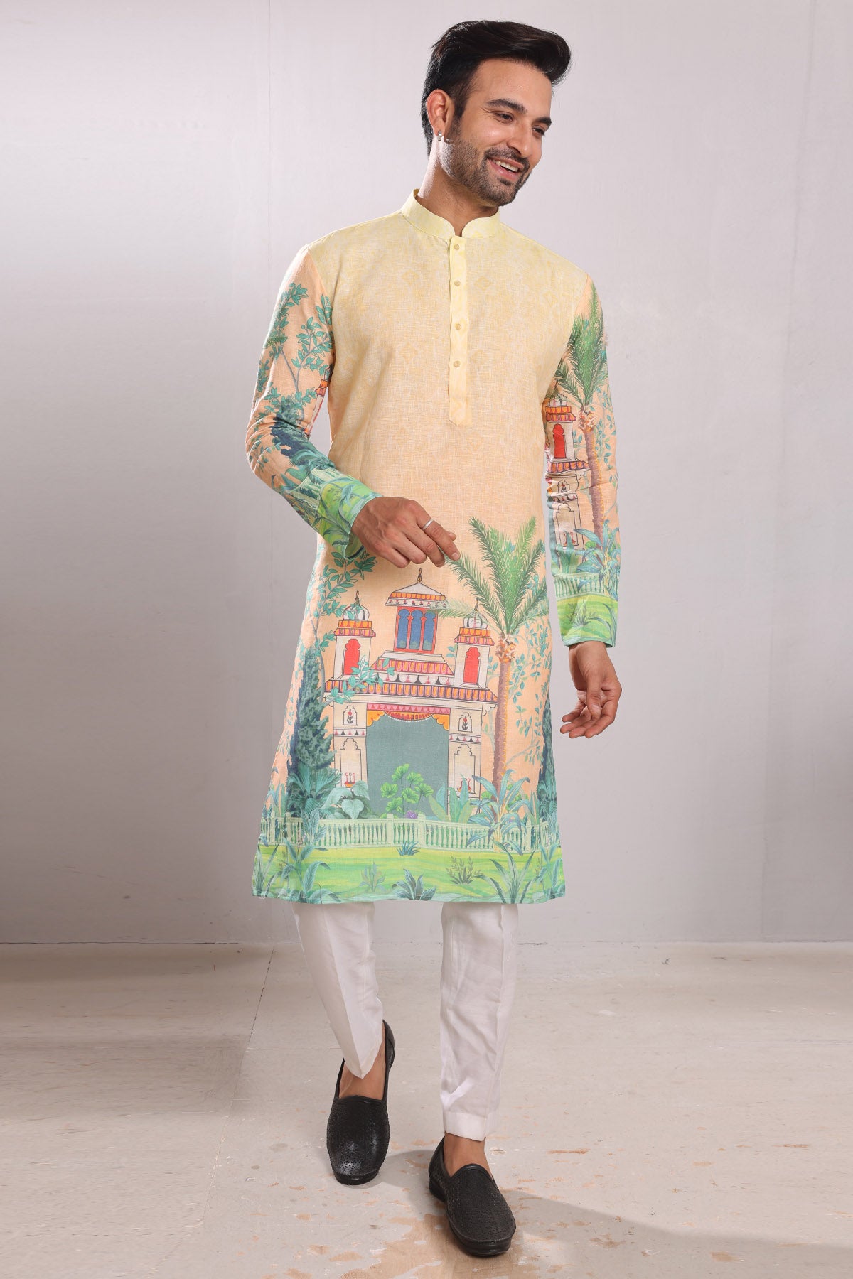 Scenery Print Linen Blend Kurta