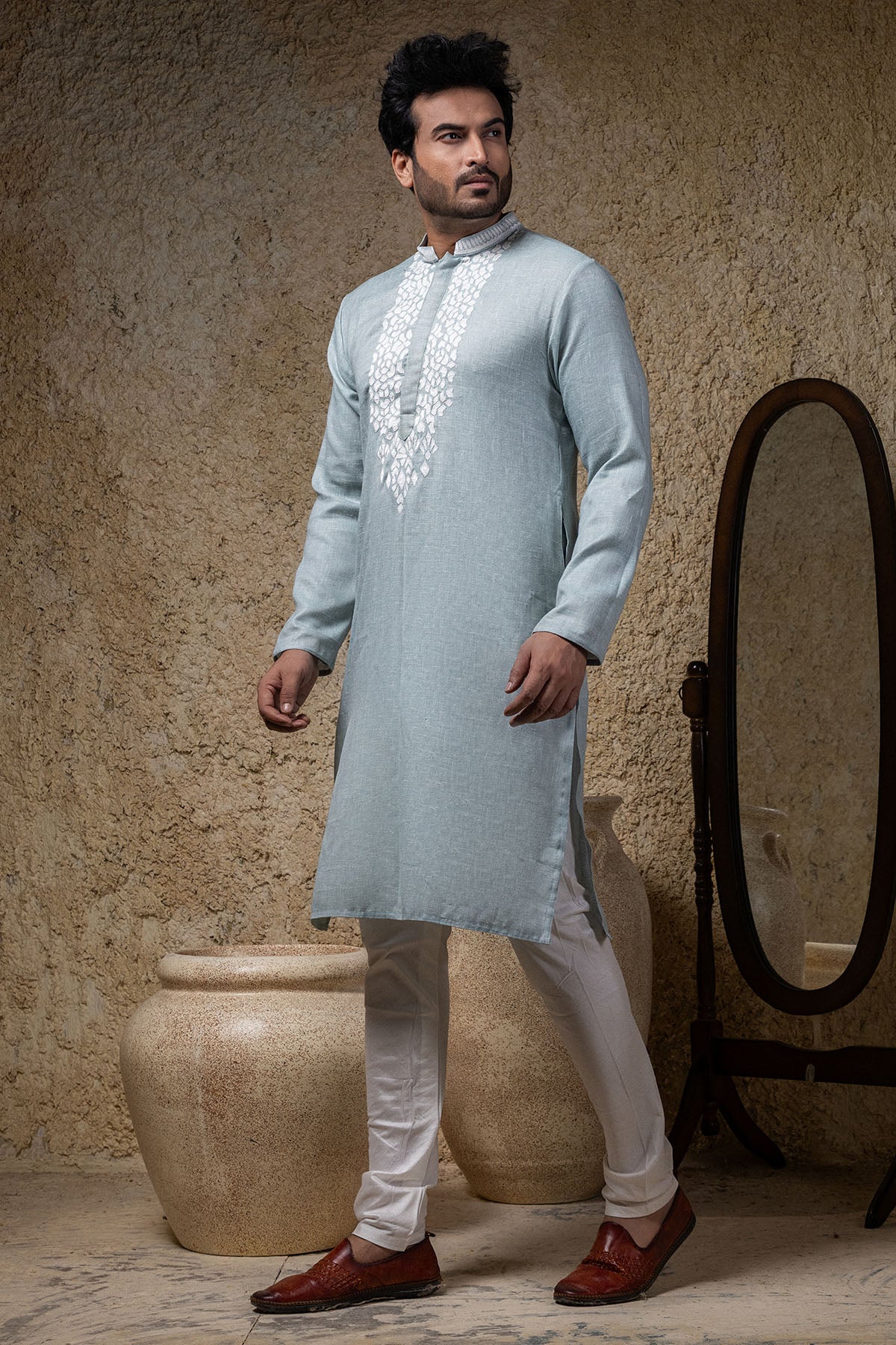 Buy Sea Blue Applique Work Kurta Set by Priyanka Haralalka for men online at ScrollnShops