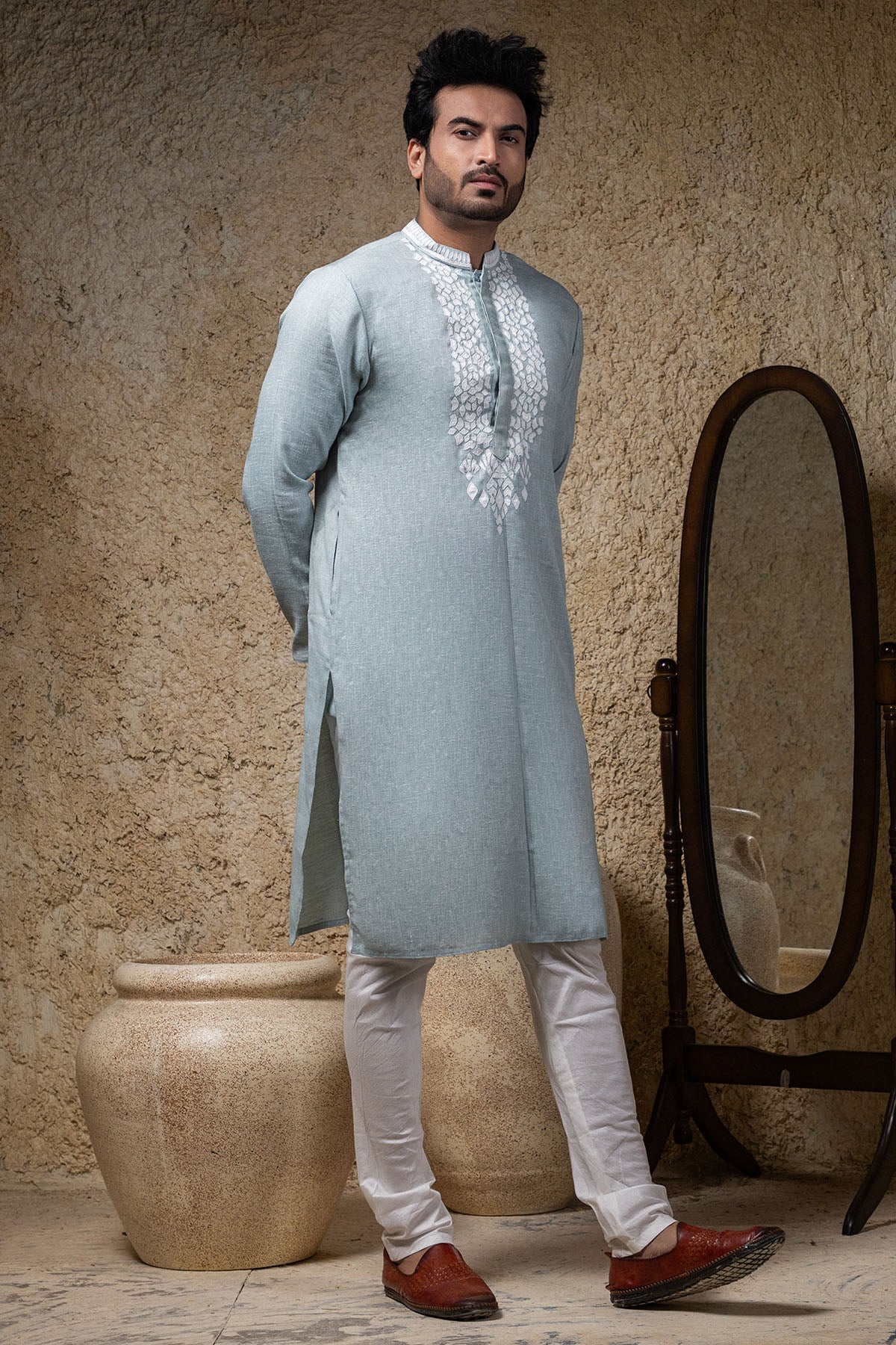 Sea Blue Applique Work Kurta Set