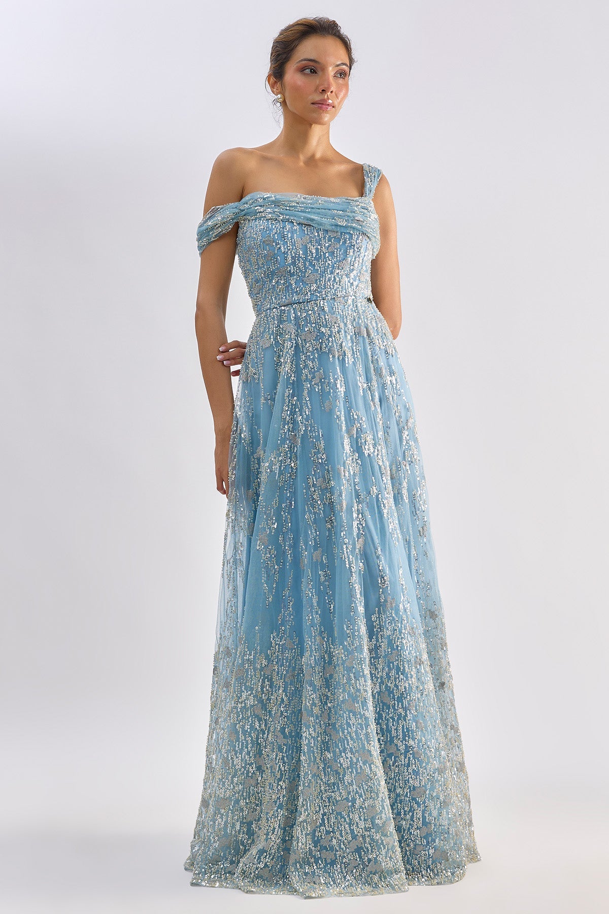 Buy Sea Blue Bead One Shoulder Gown for women by Emblaze online available at scrollnshops