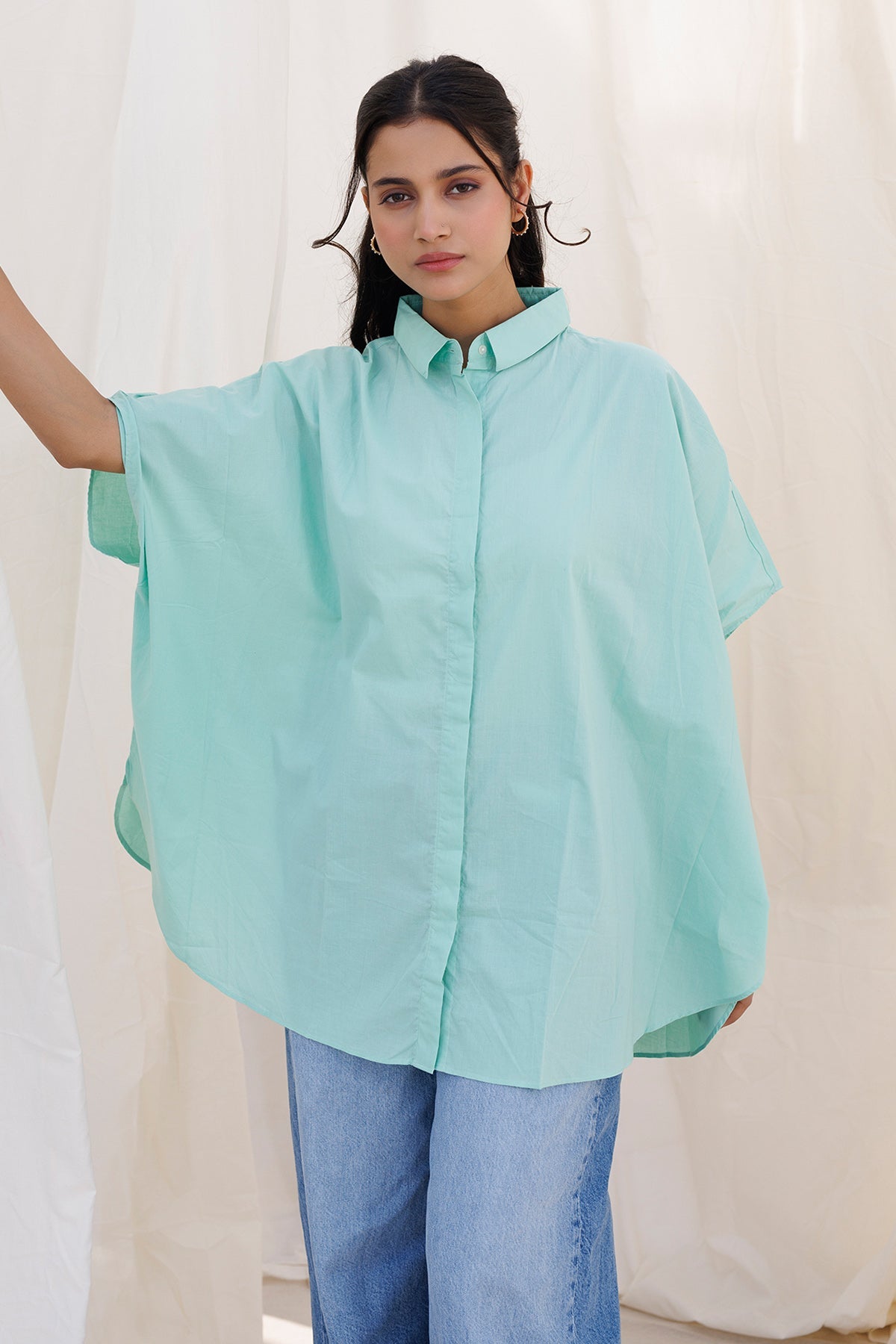 Buy Sea Green Cambric Cotton Shirt by Label Surabhi Raj for women online at ScrollnShops