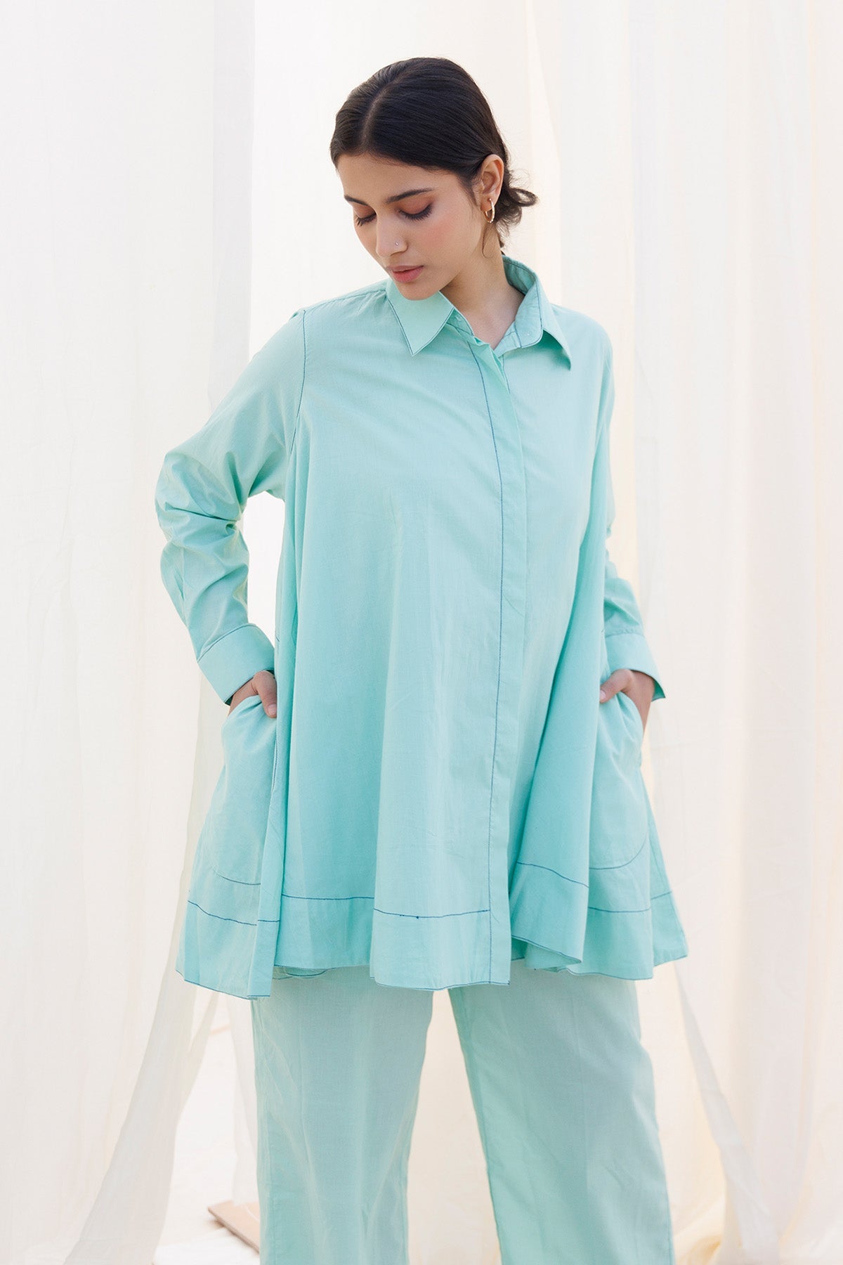Buy Sea Green Collar Flared Top by Label Surabhi Raj for women online at ScrollnShops
