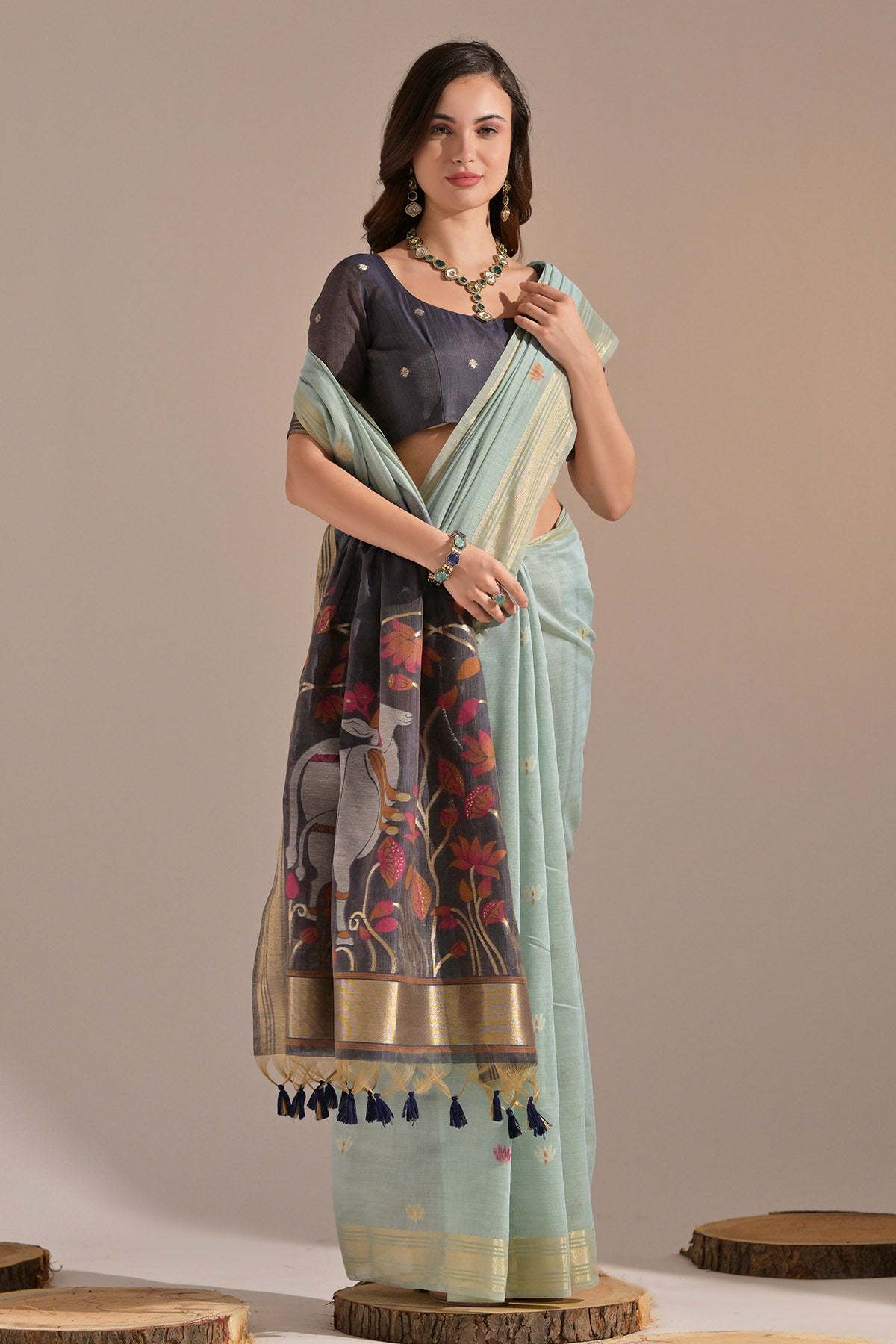 Sea Green Cow Thread Work Saree