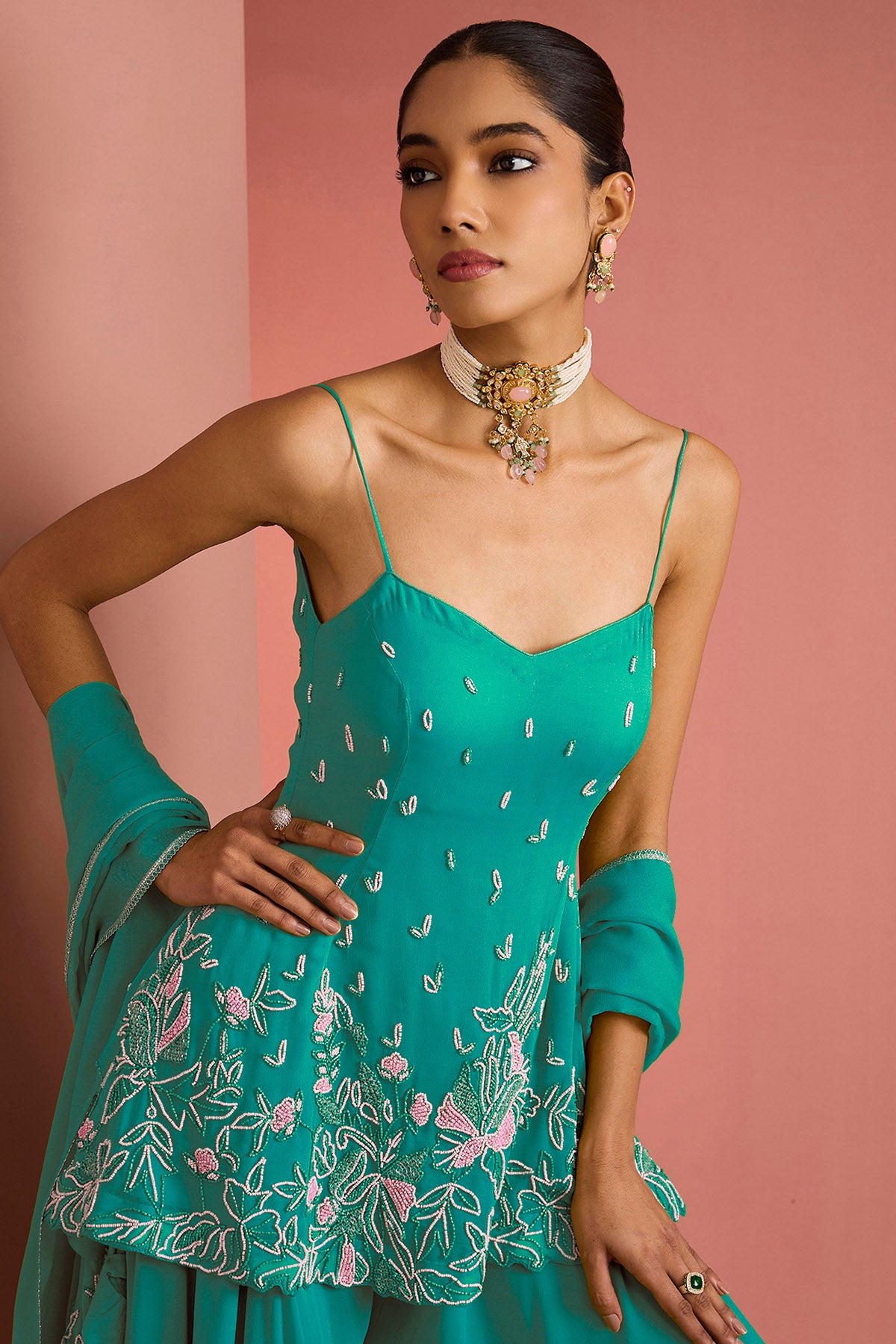 Sea Green Crepe Beads Kurta Set