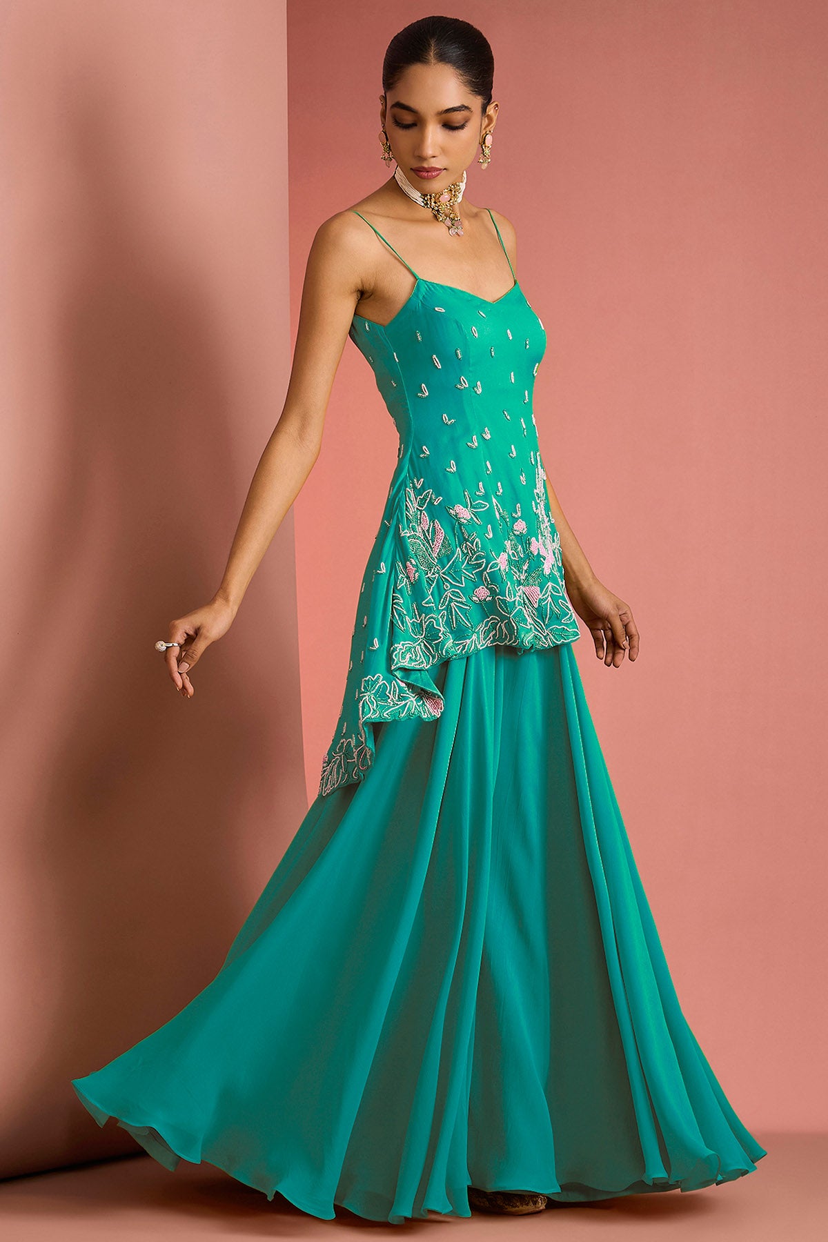 Sea Green Crepe Beads Kurta Set