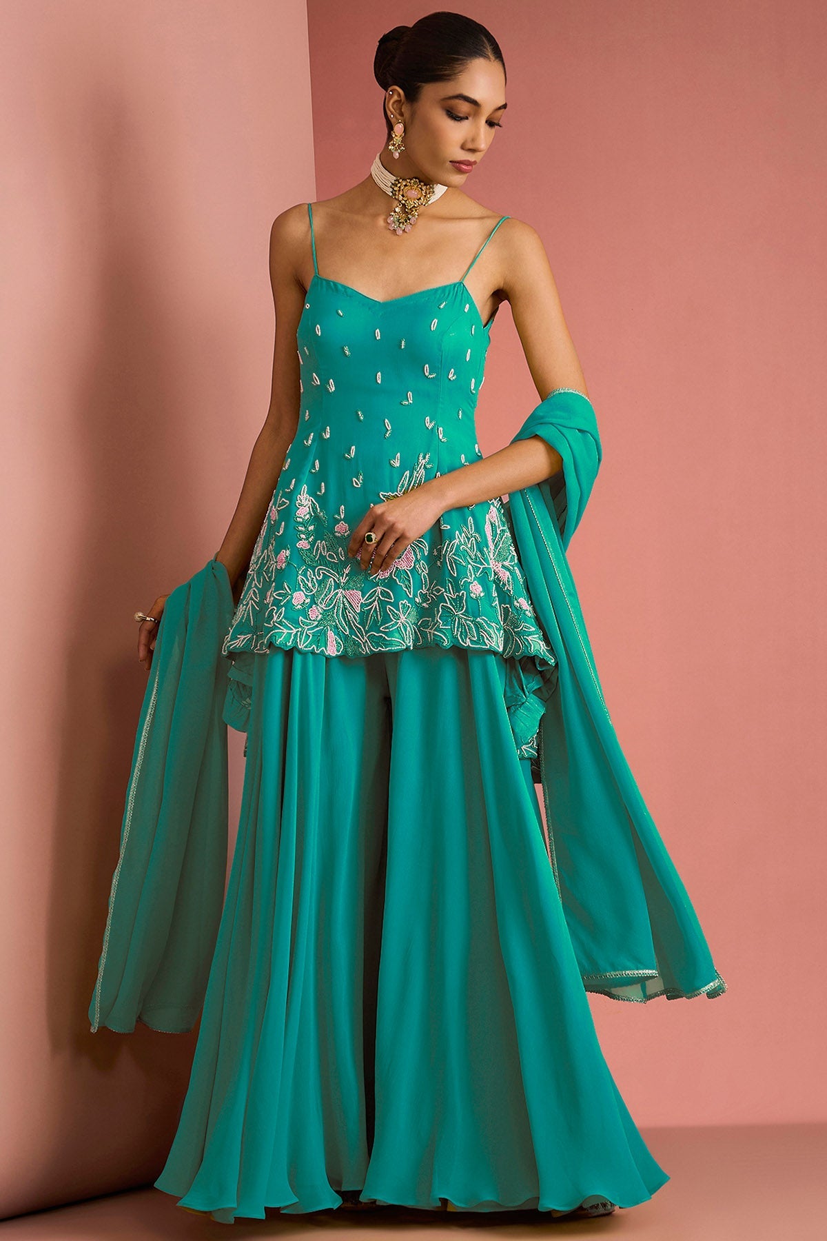 Buy Sea Green Crepe Beads Kurta Set for women by Milu Madan online available at scrollnshops