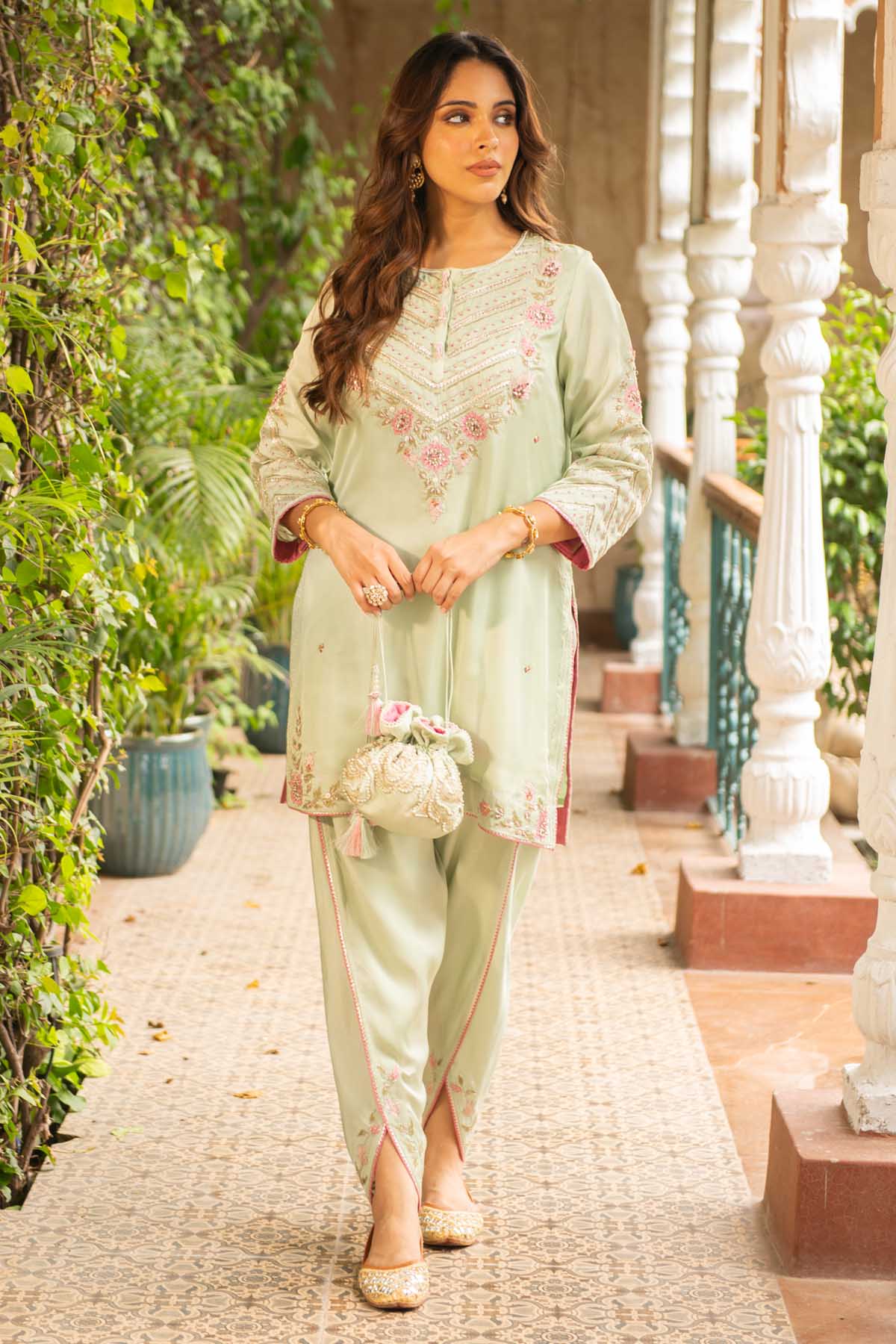 Sea Green Embroidered Dhoti Set