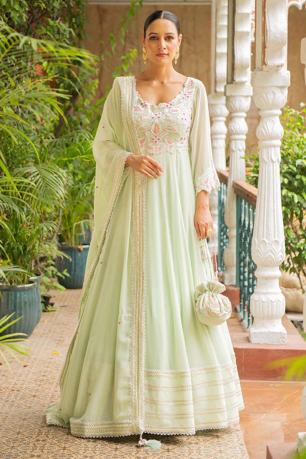 Ajiesh Oberoi Sea Green Flared Anarkali Set for women online at ScrollnShops