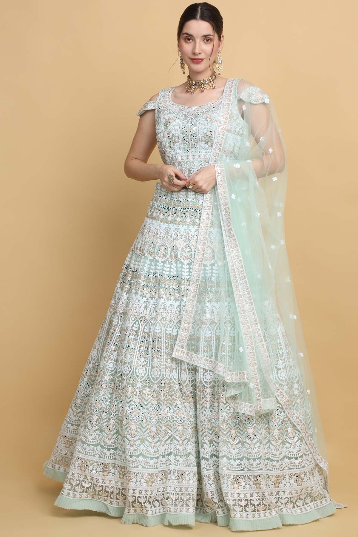 Aham Vayam Sea Green Floral Lehenga Set for women online at ScrollnShops