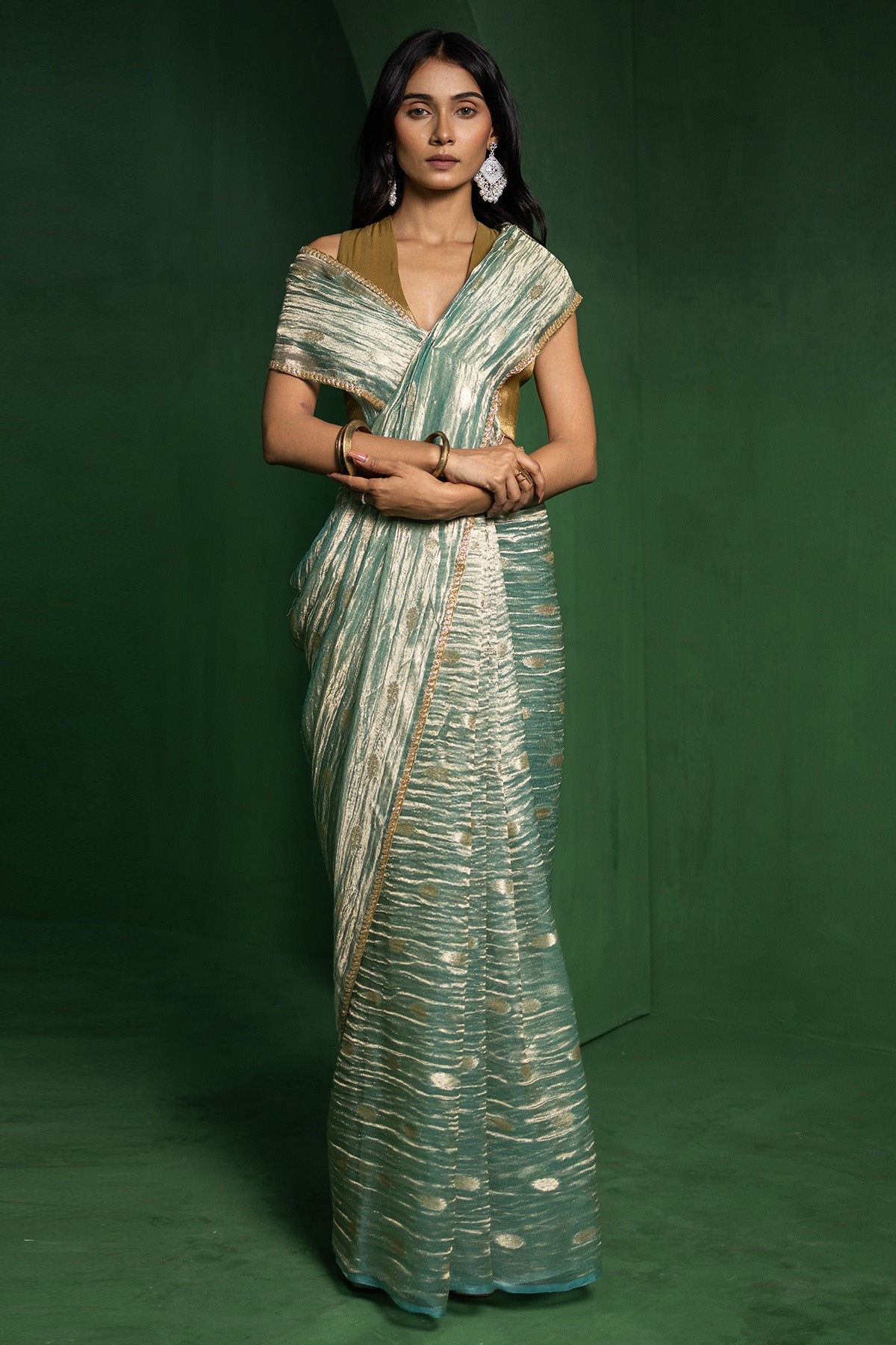 Buy Sea Green Lace Shimmer Saree for women by Ekagani Designer online available at scrollnshops