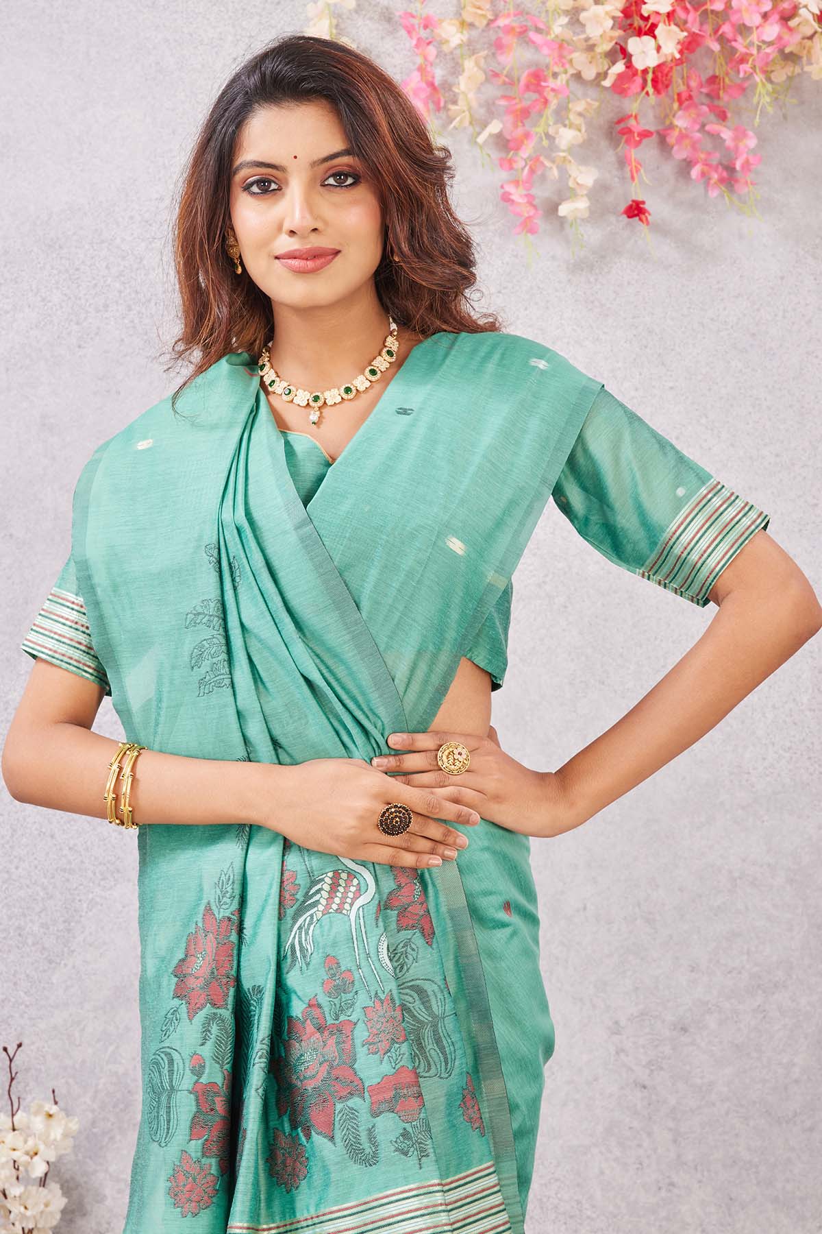 Sea Green Linen Cotton Saree