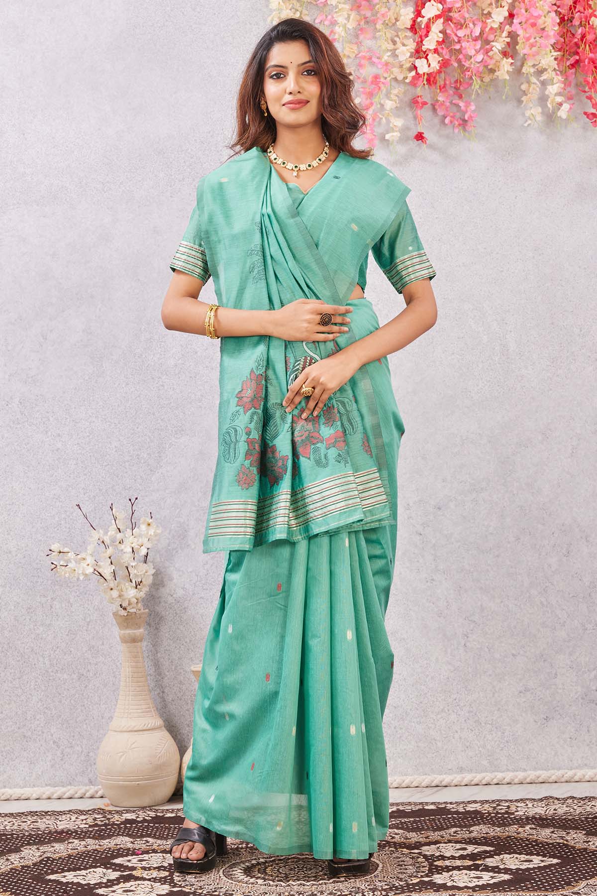 Sea Green Linen Cotton Saree