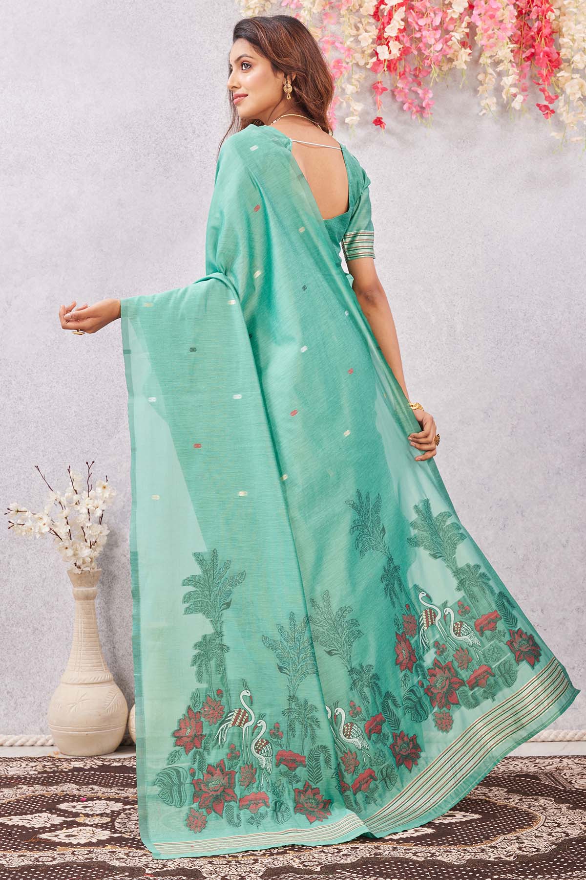 Sea Green Linen Cotton Saree
